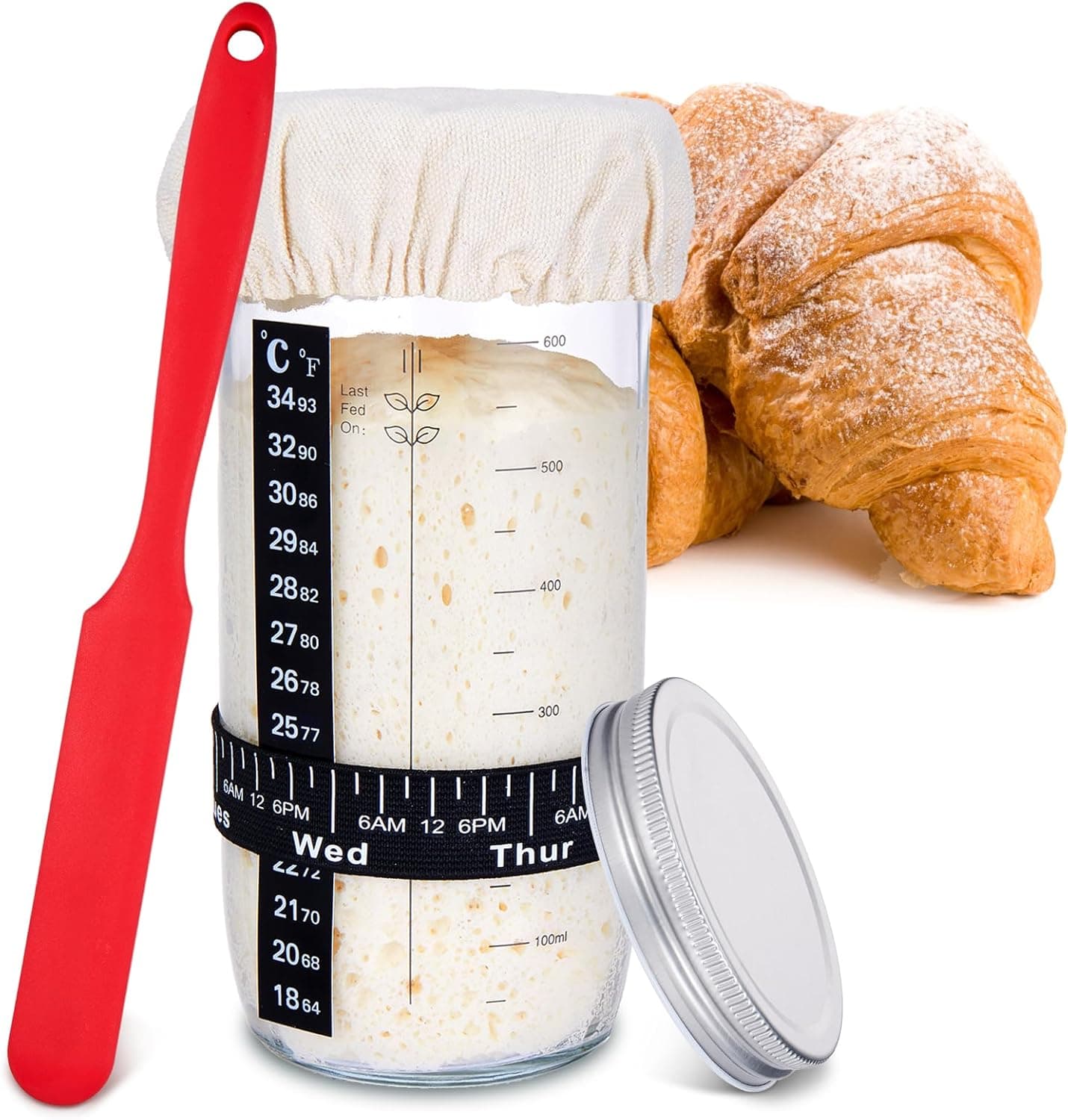 Sourdough Starter Kit With Date Marked Feeding Band, Silicone Scraper, Thermometer, Fermentation Jar Sewn Cloth Cover and Metal Lid