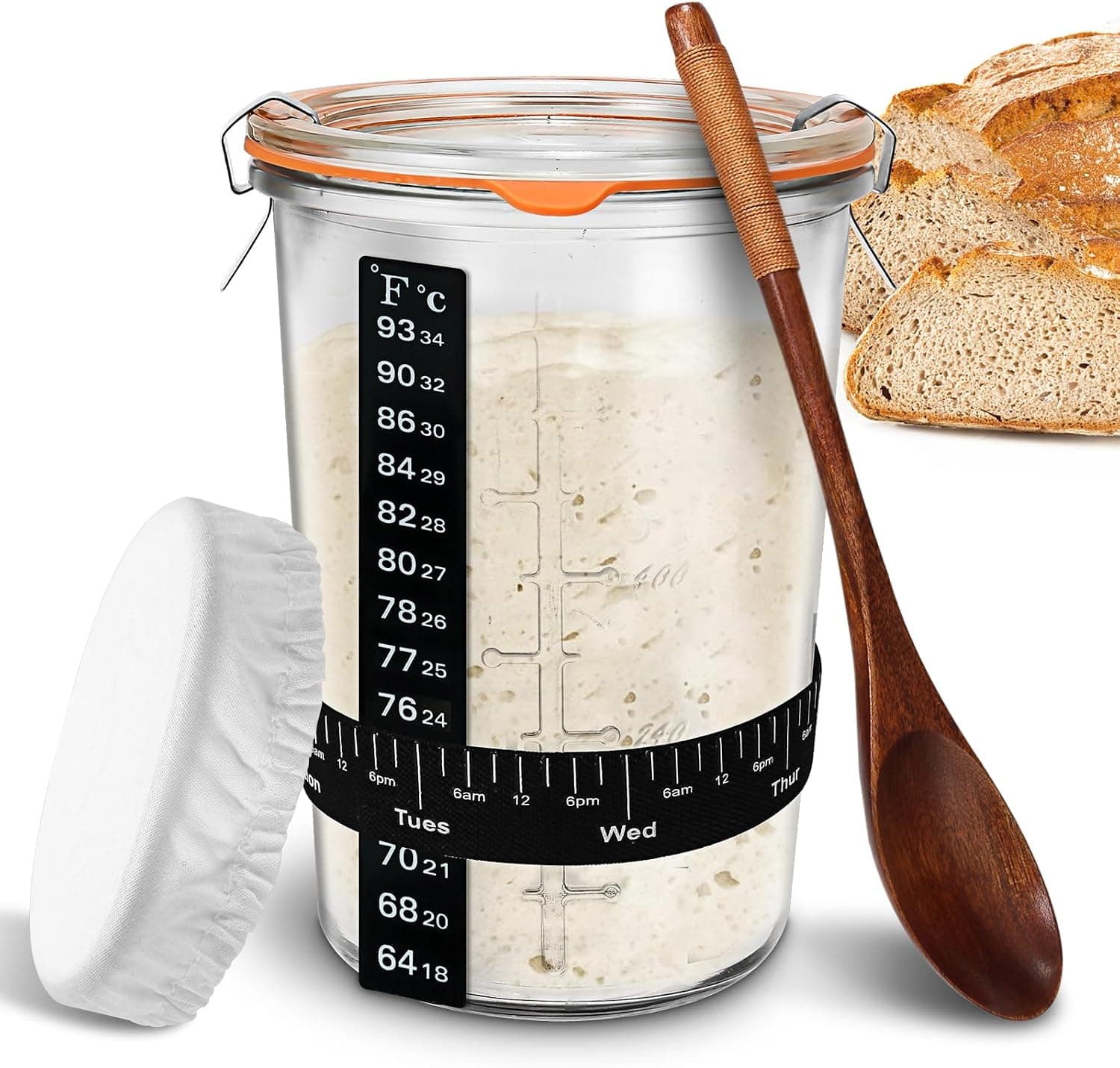 TOKPELA Sourdough Starter Jar Glass, Wide Mouth Sourdough Starter Jars, Sourdough Starter Kit with Wooden Spoon, Cloth Cover, Glass Lids, 27oz