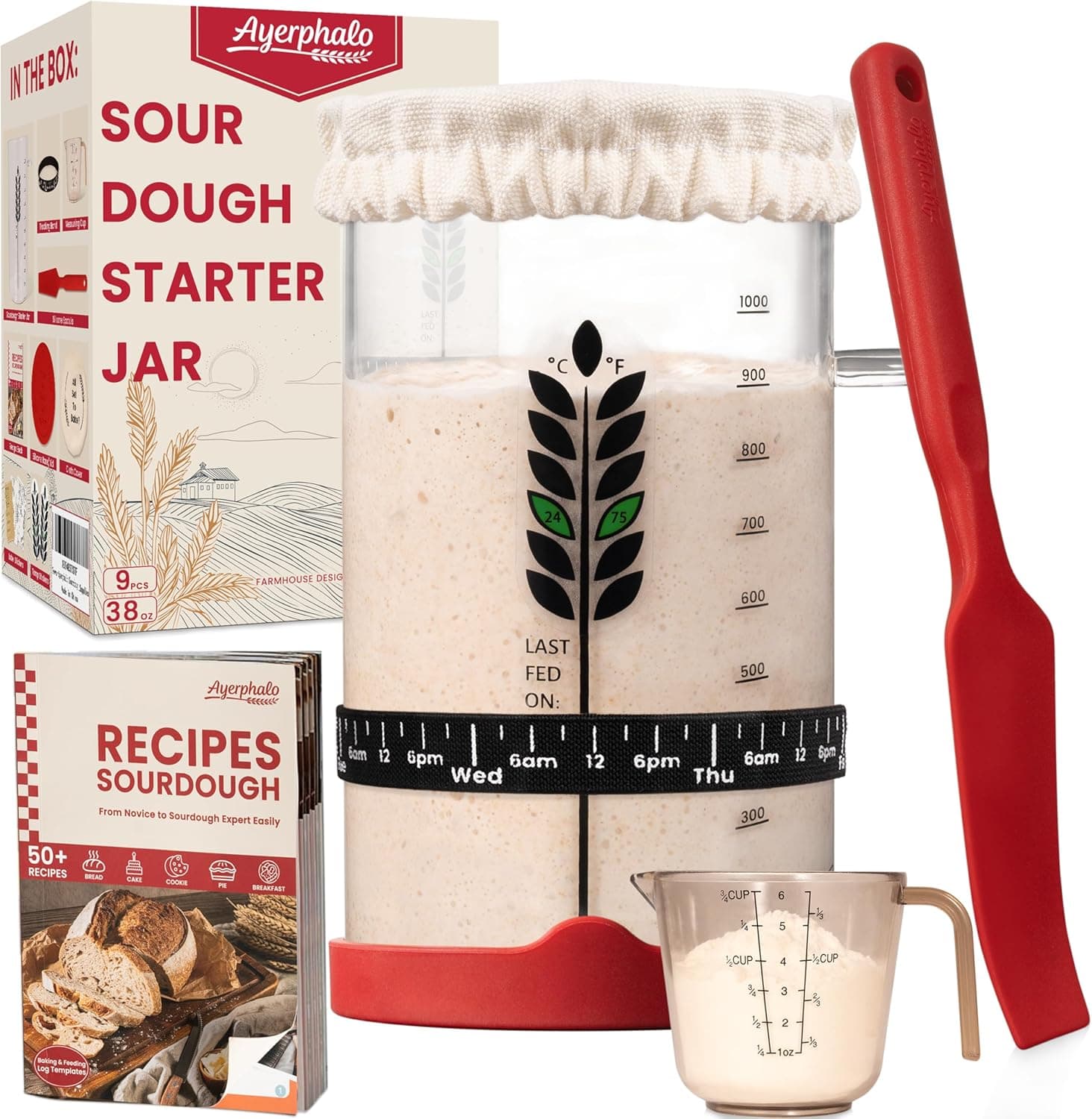 Sourdough Starter Kit, 38oz with Cookbook, Measuring Cup, Spatula, Wide Mouth Jar Cover, Thermometer, Date Marked Feeding Band, Glass Jar