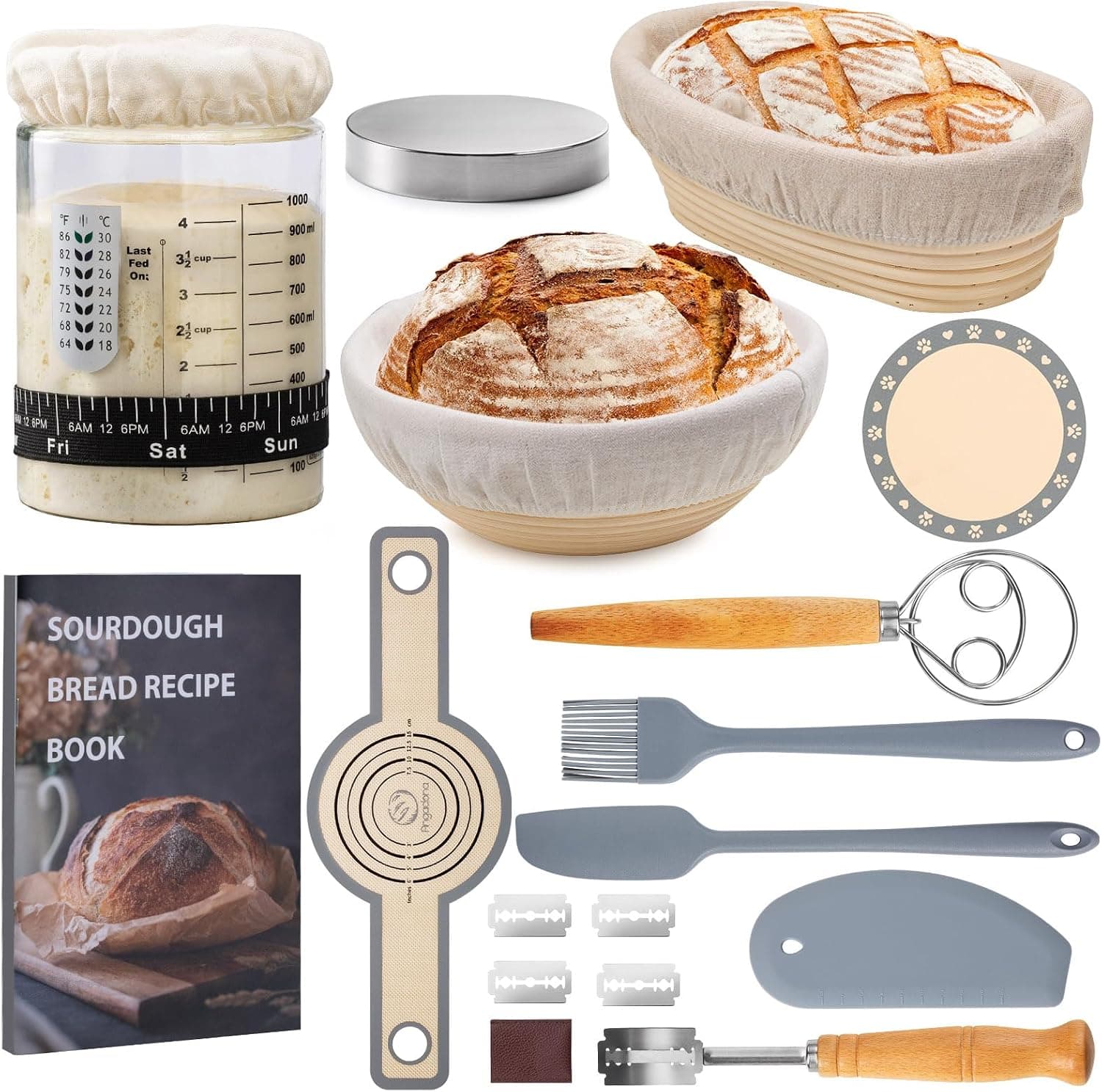 Sourdough Starter Kit, 40oz Sourdough Starter Jar, 9 inch Round and 10 inch Oval Rattan Banneton Bread Proofing Baskets Set, Silicone Bread Sling