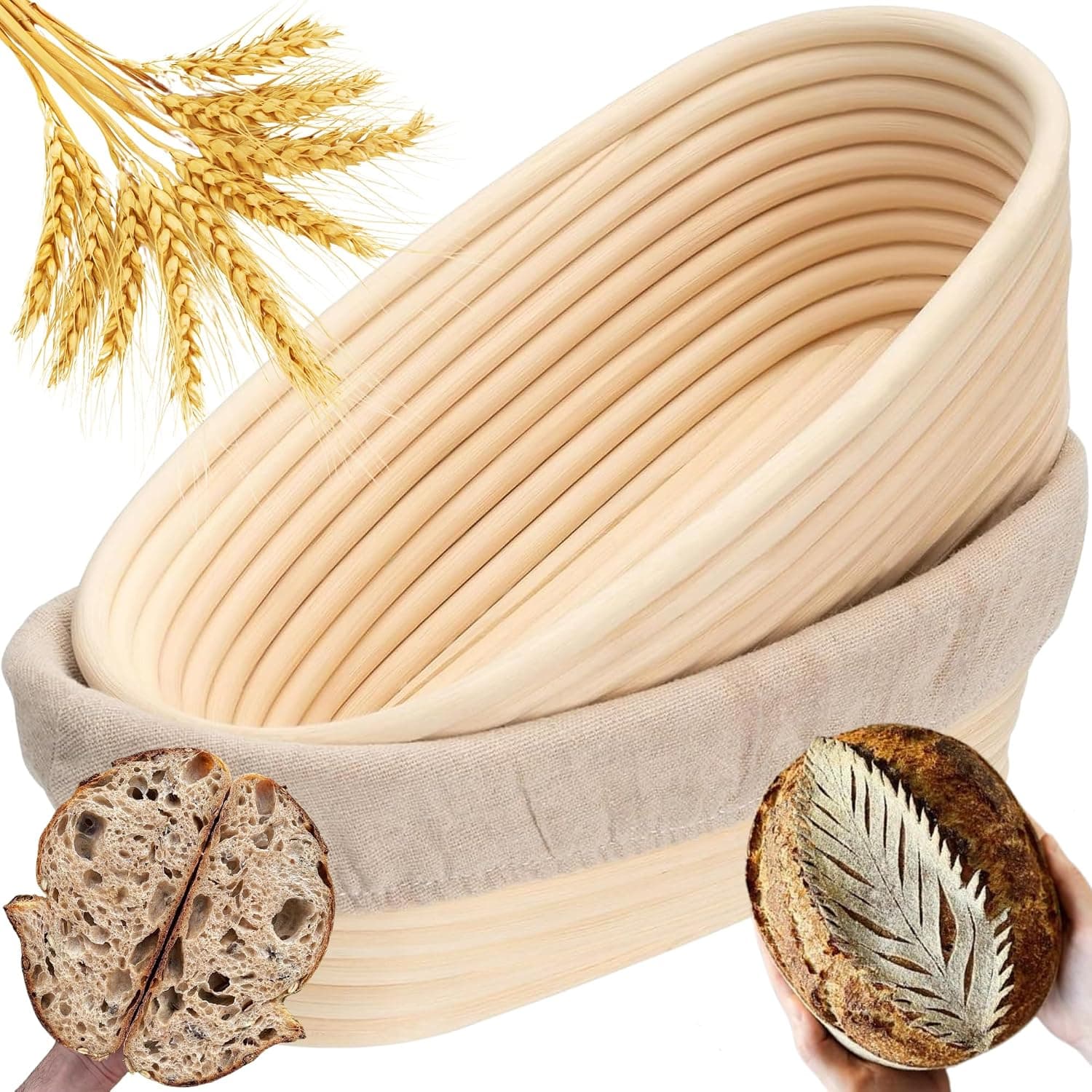 GIONG Banneton Bread Proofing Basket, 2 pack 10 inch Oval Basket with Liner for Professional and Home Sourdough Bread Baking
