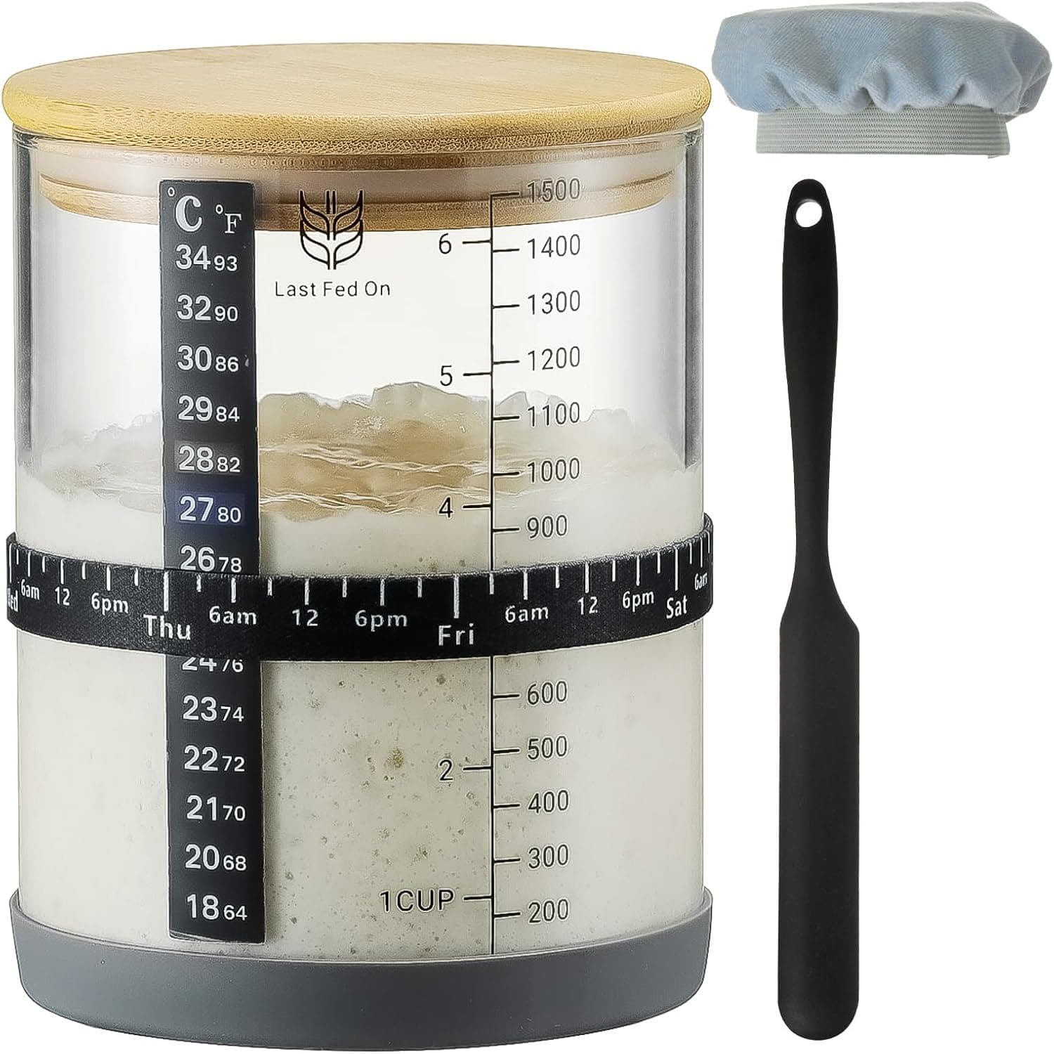 Sourdough Starter Jar, 50oz Wide-Mouth with Non-slip Silicone Rubber Bottom, Date Marked Feeding Band, Thermometer, Cloth Cover and Bamboo Lid