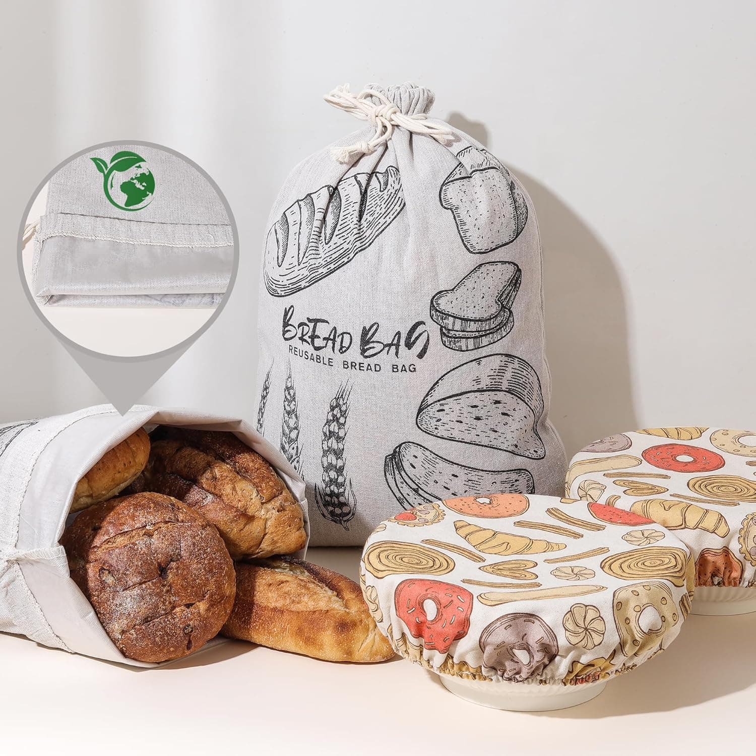 4 Pack Linen Bread Bags for Homemade Sourdough with Proofing Covers, Reusable Plastic-Lined Storage Bags