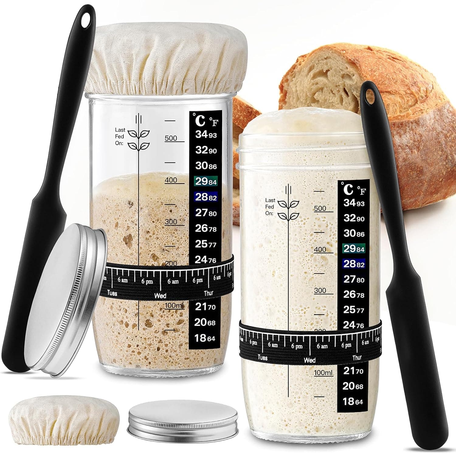 Glass Sourdough Starter Jar 2 Pack, 24 oz Wide Mouth Organic Sourdough Starter Kit with Date Marked Band, Thermometer, Cloth Cover and Metal Lid, Reusable Bread Baking Supplies