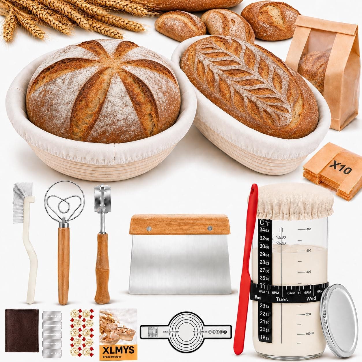 Sourdough Starter Kit, Banneton Proofing Basket 9 Inch Round and 10 Inch Oval, Complete Sourdough Bread Baking Supplies with Starter Jar, Bread Sling, Lame and Danish Dough Whisk