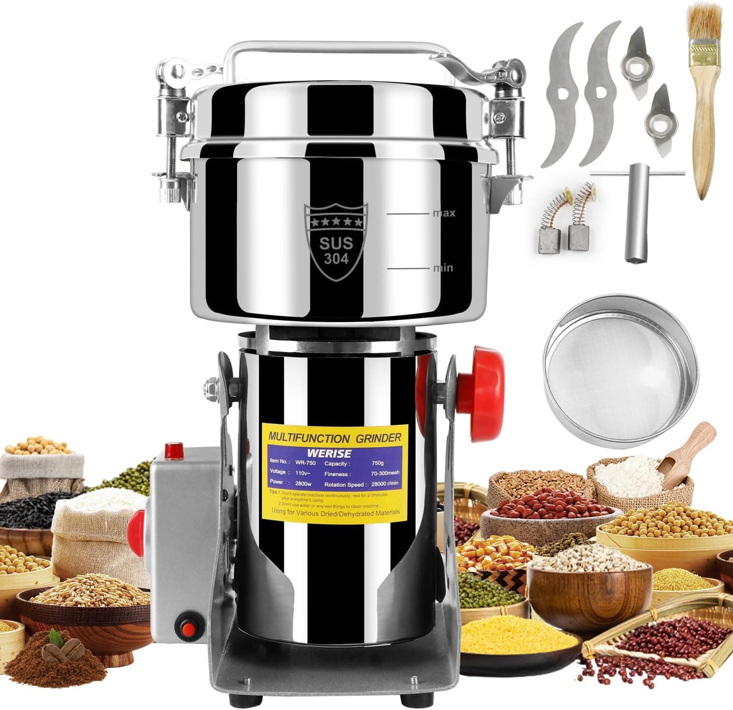 Grain Mill Grinder Electric Flour, 750g Stainless Steel (Swing Type)