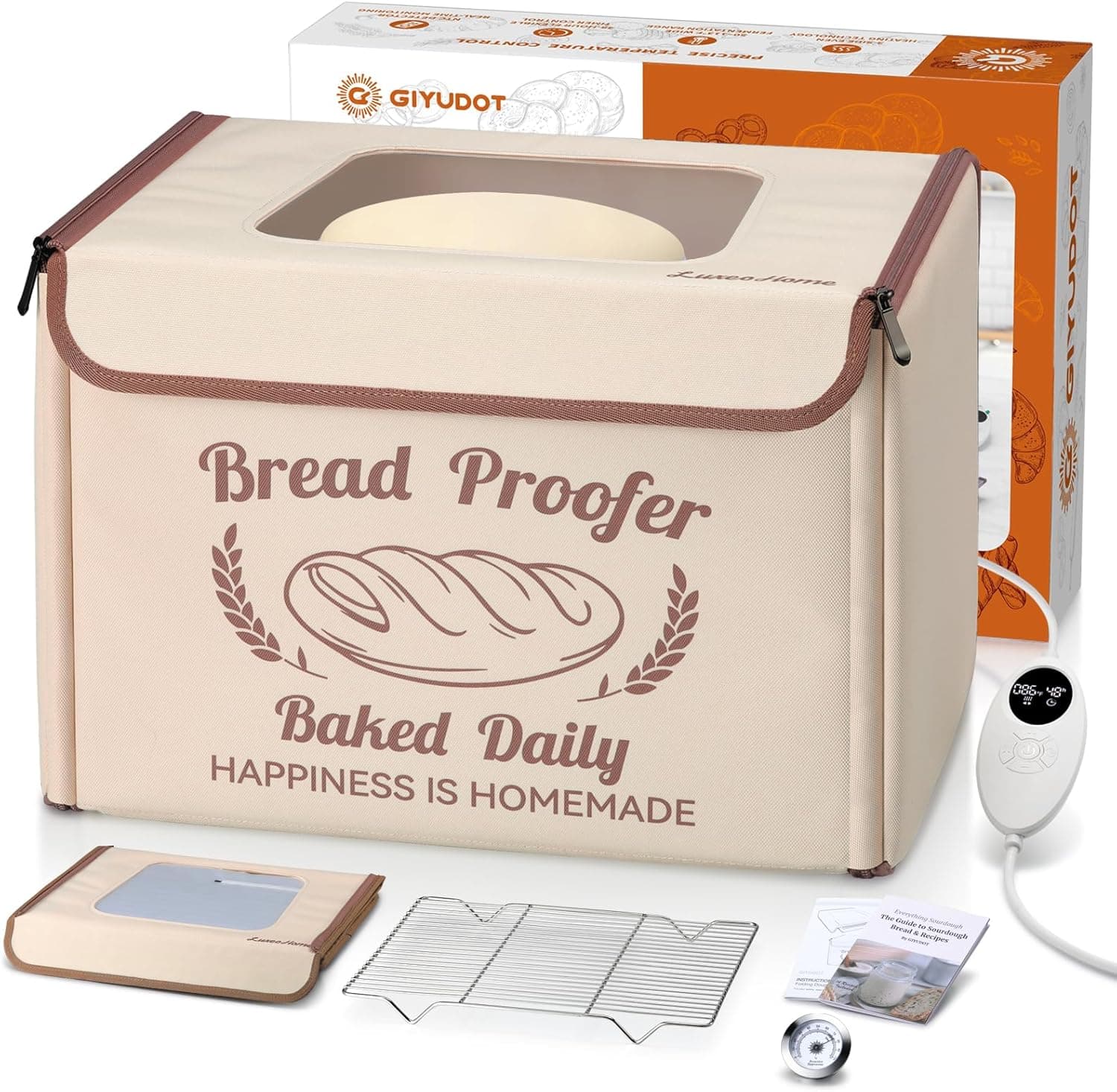 GIYUDOT Folding Bread Proofing Box with 50-113F Temp Control and 48H Timer, Dough Proofer with Metal Rack, Humidor and Recipes