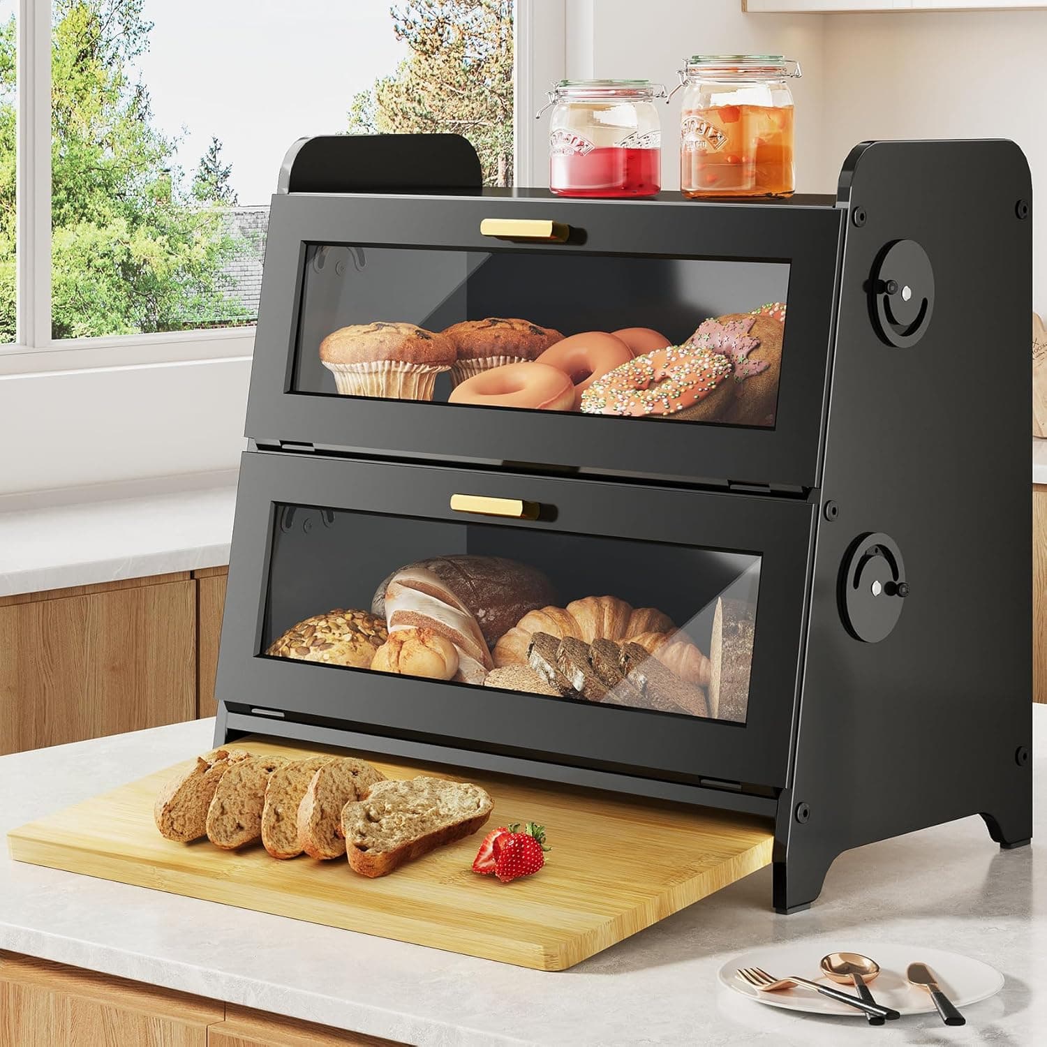 SNTD Bread Box Kitchen Countertop Bread Storage Container with Bamboo Cutting Board, Adjustable Vent Hole Dials, Black