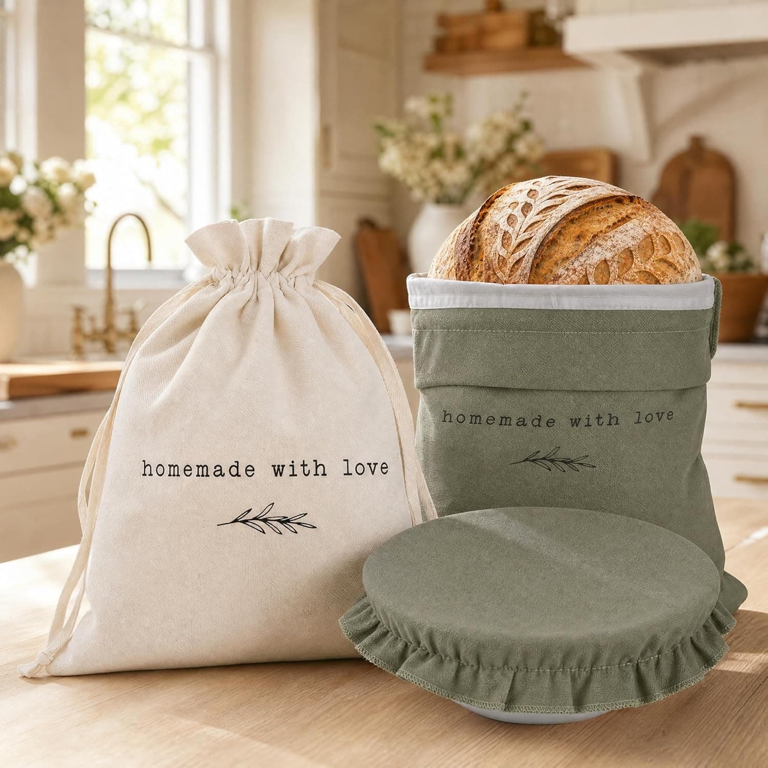 KIBAGA Beautiful Linen Bread Bag Set and Proofing Cover for Homemade Sourdough Bread
