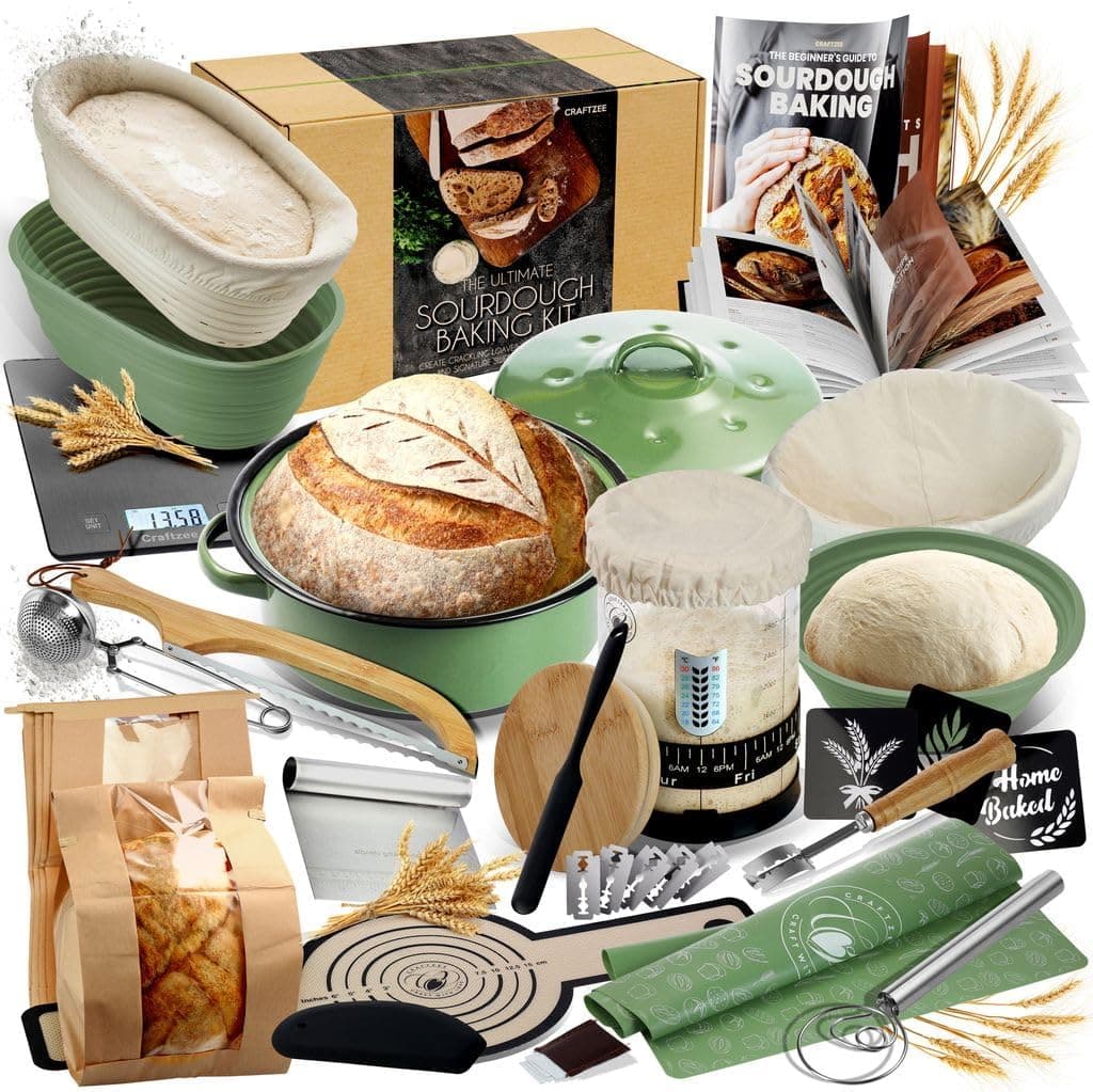 CraftZee All-Inclusive Premium Sourdough Starter Kit with Pot, 34 Oz Starter Jar, 4 Banneton Bread Proofing Baskets, Scraper, Scale, Beginner Guide and Recipes