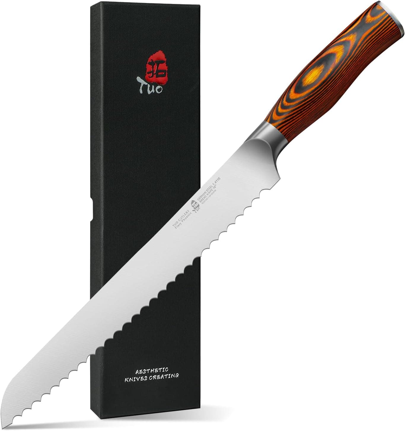TUO Bread Knife, 10 inch Upgraded Serrated Knife for Homemade Sourdough Bread, German Steel, Fiery Phoenix Series
