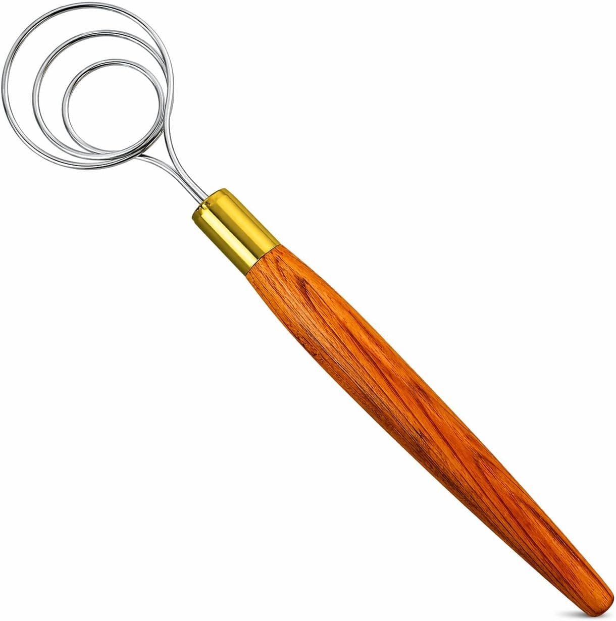 Danish Dough Whisk for Sourdough, 14 inch Stainless Steel Dough Mixer with Wood Handle