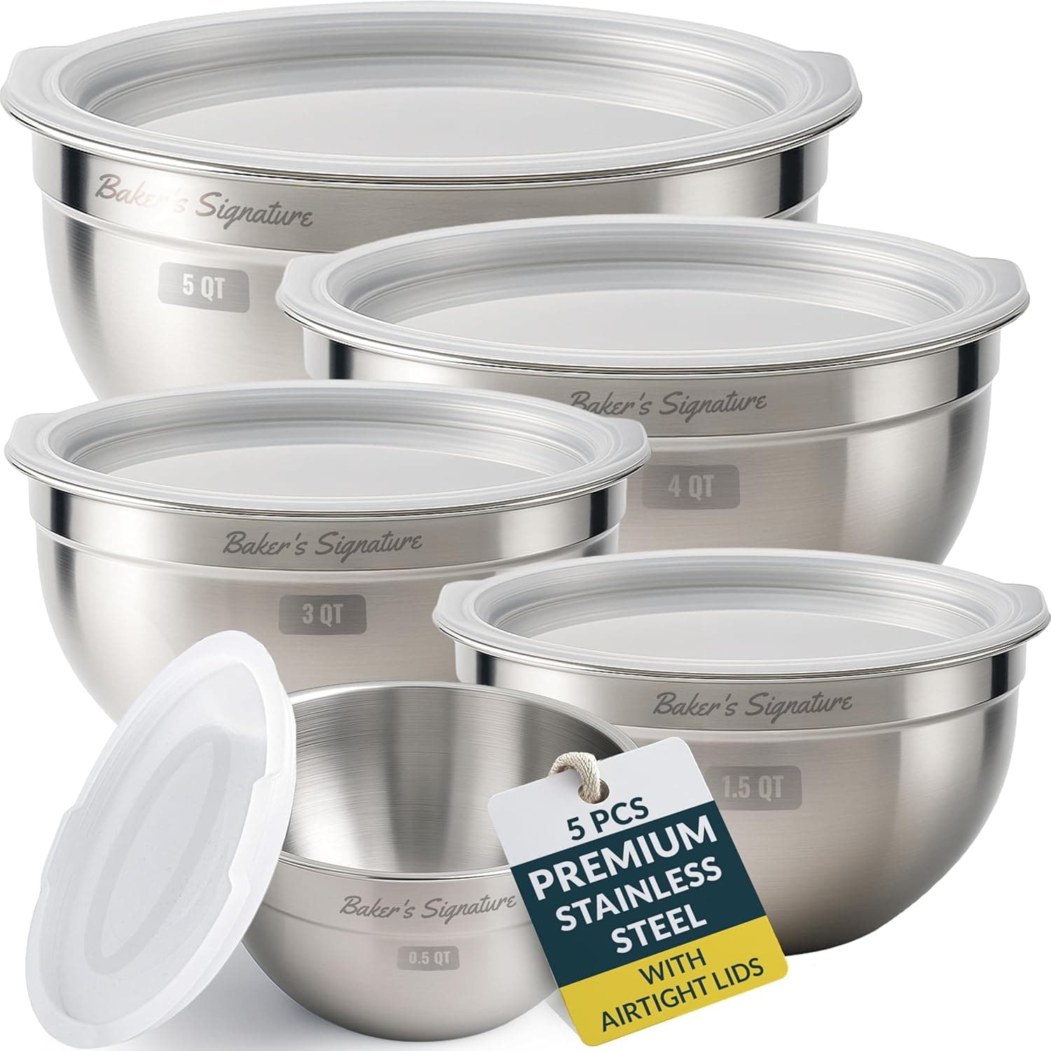 Baker's Signature Stainless Steel Mixing Bowls With Lid, Set of 5, 0.5/1.5/3/4/5 Qt