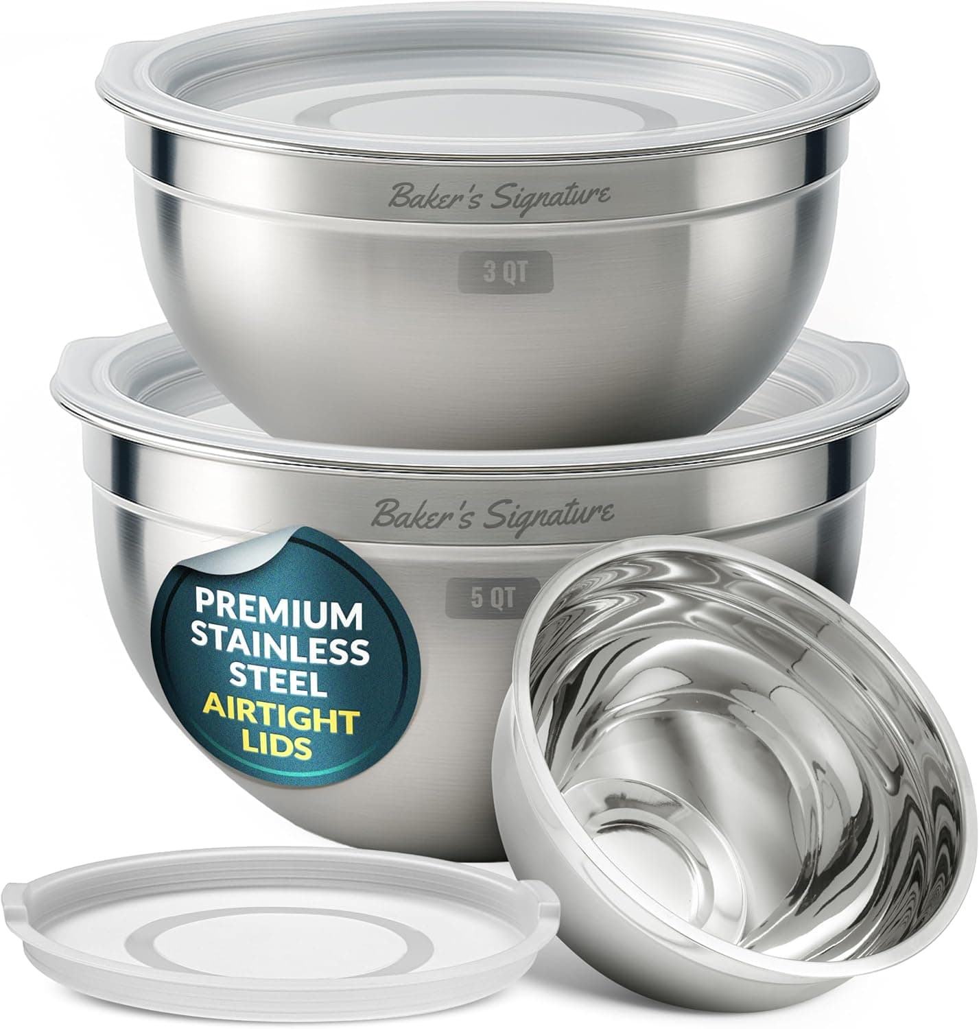 Baker's Signature Stainless Steel Mixing Bowls With Lid, Set of 3, 1.5/3/5 Qt