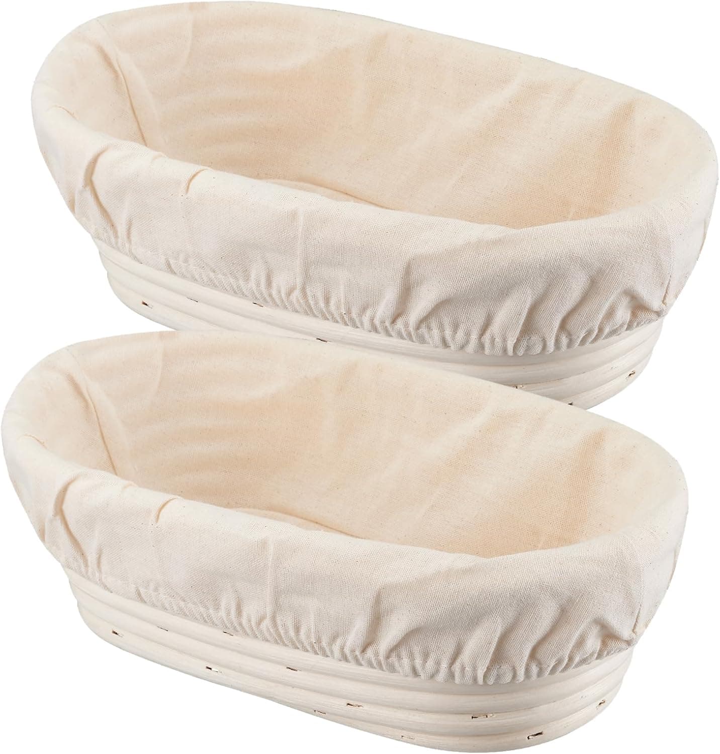 Dimpola Banneton Bread Proofing Basket Set, Round Proofing Bowls, Handmade Rattan Baskets and Liners, Oval 10 inch Set of 2