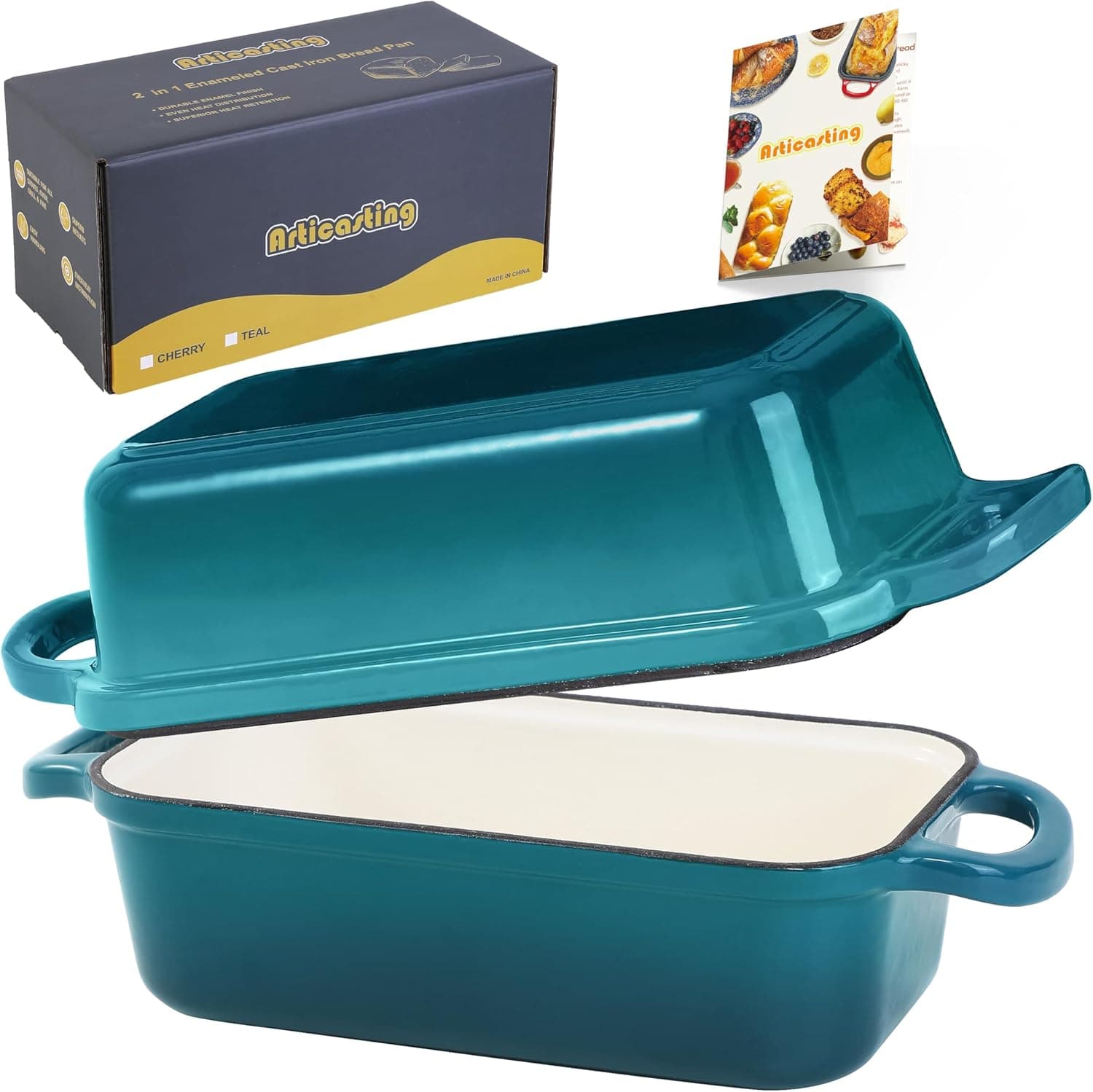 Articasting Cast Iron Loaf Pan with Lid, Enameled 9x5 Bread Loaf Pan, Teal