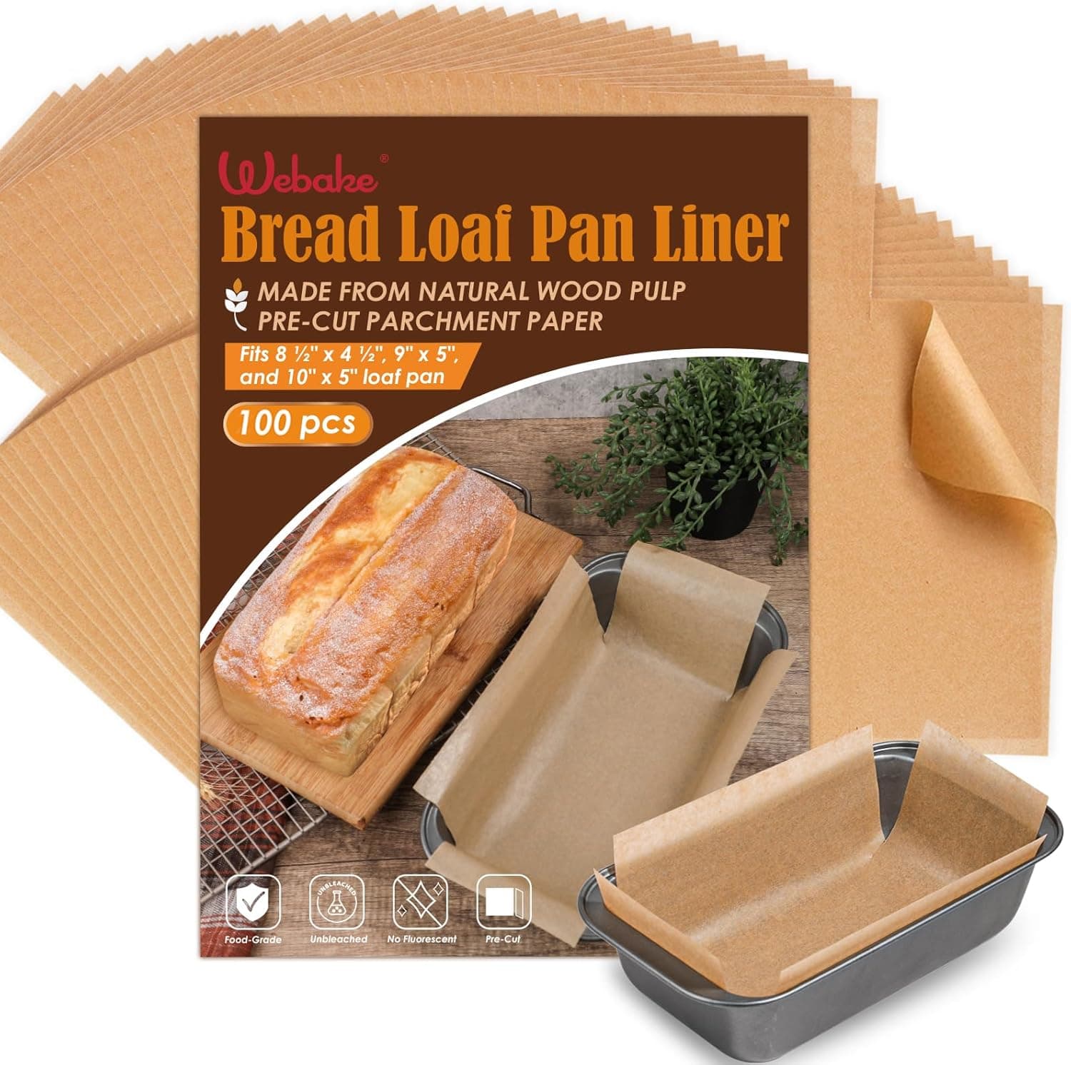 Webake Unbleached Parchment Paper Loaf Pan Liners 9x5, 1lb 1.5lb 2lb, 100 Pcs