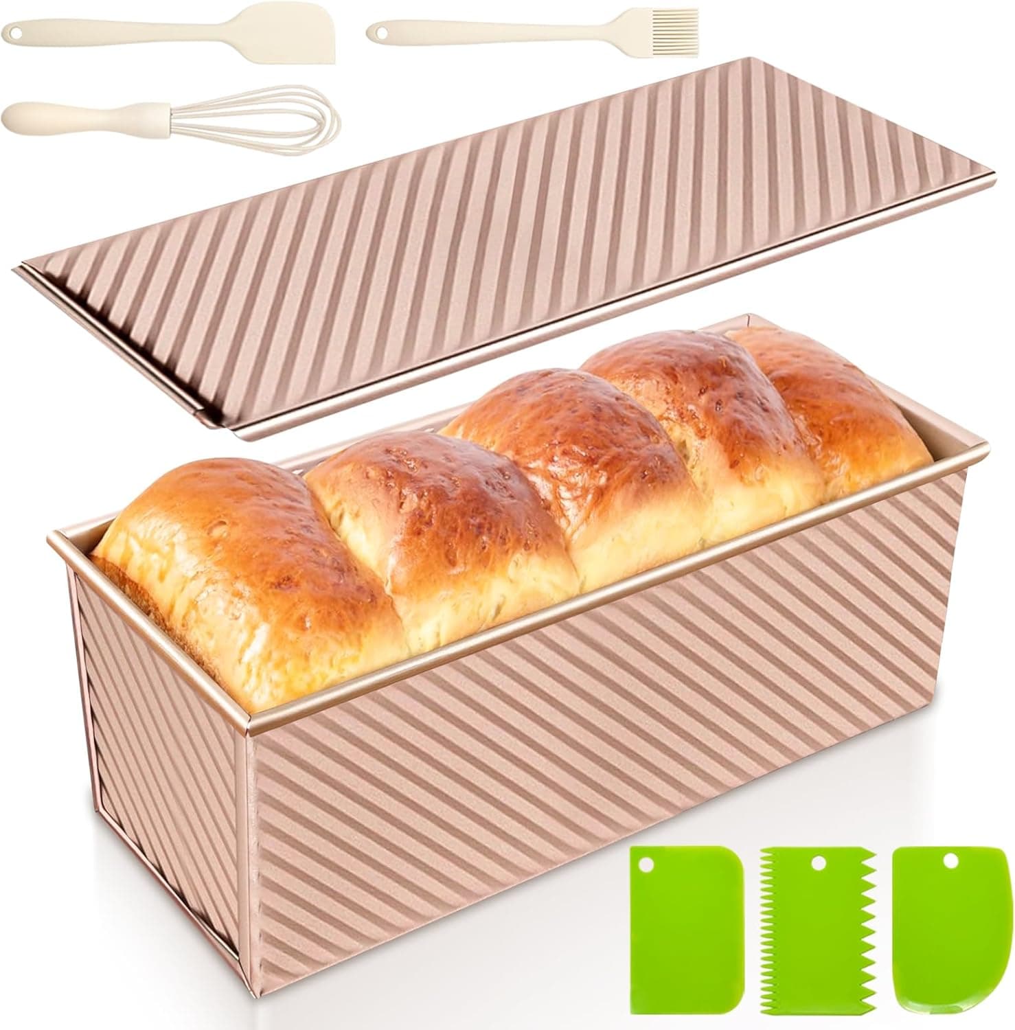 Dipanist 2.2lb Pullman Loaf Pan with Lid, Nonstick Carbon Steel Square Bread Pan for Baking Shokupan, Sandwich, Pain de Mie and Sourdough, Includes 6 Bonus Tools