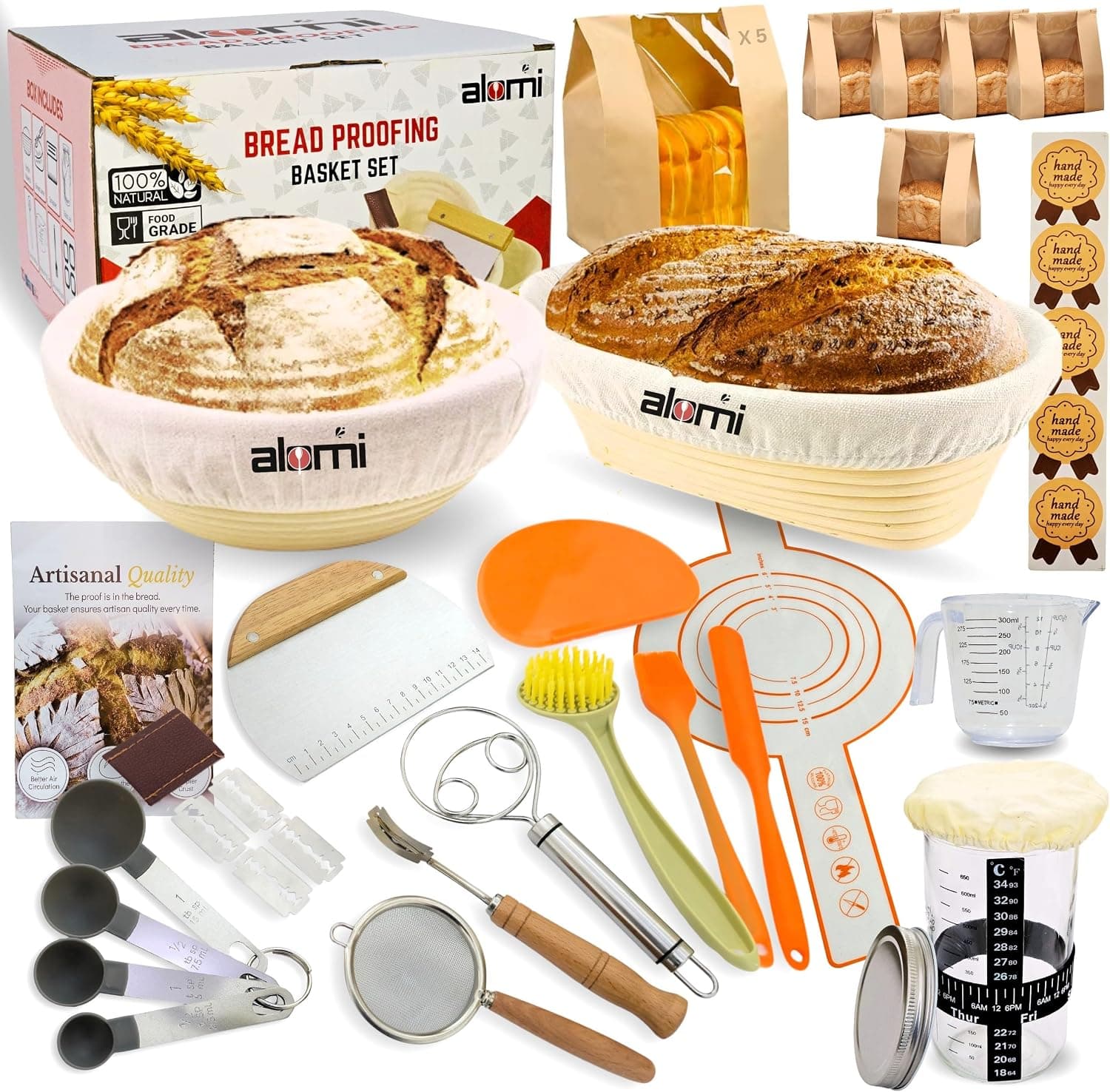 Sourdough Starter Kit for Beginners, Complete Bread Making Kit with Banneton Proofing Baskets, Glass Starter Jar, Scoring Lame and Tools