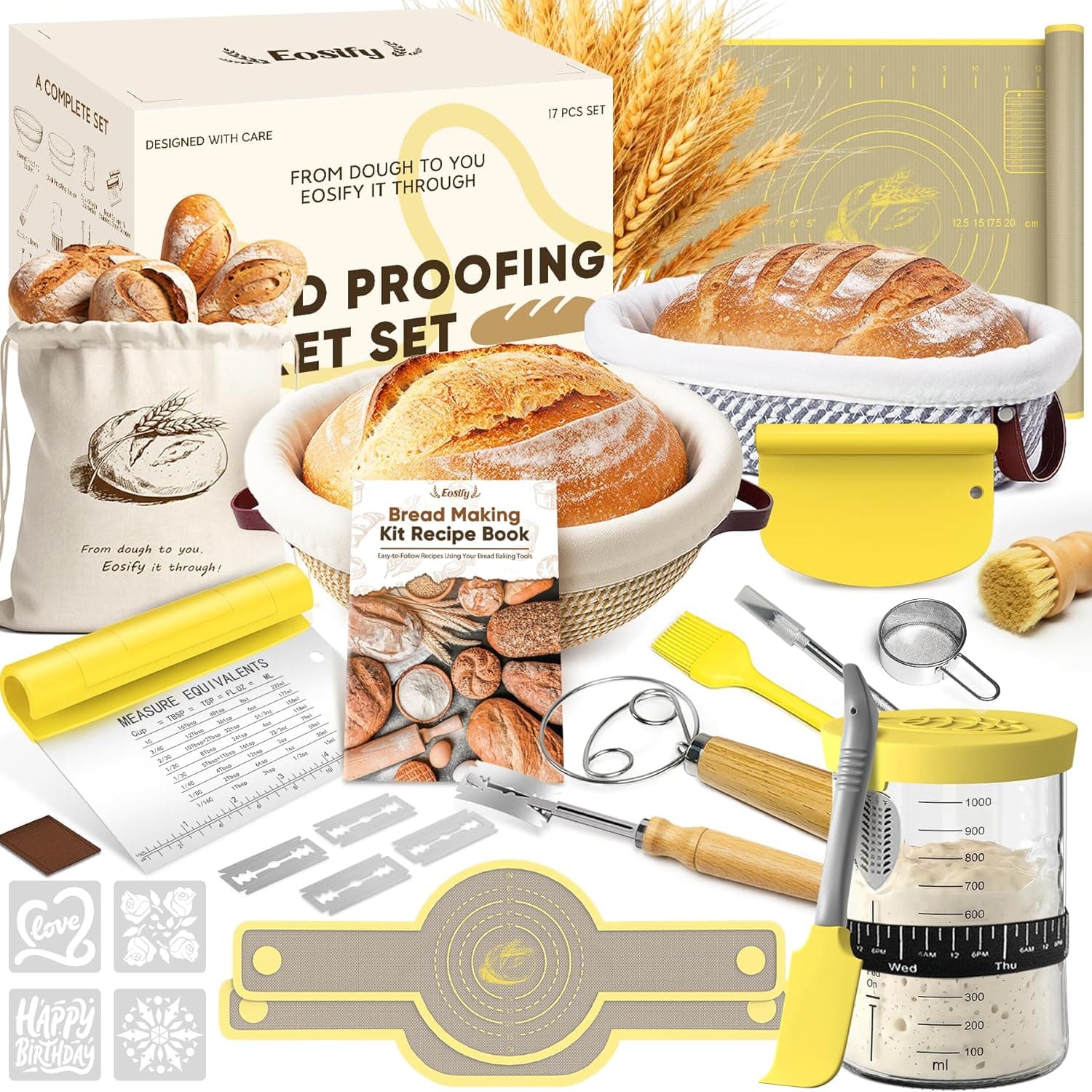 Sourdough Starter Kit with Cotton Rope Banneton Basket and Jar, Bread Baking Supplies and Tools Set, Complete Sourdough Bread Making Kit