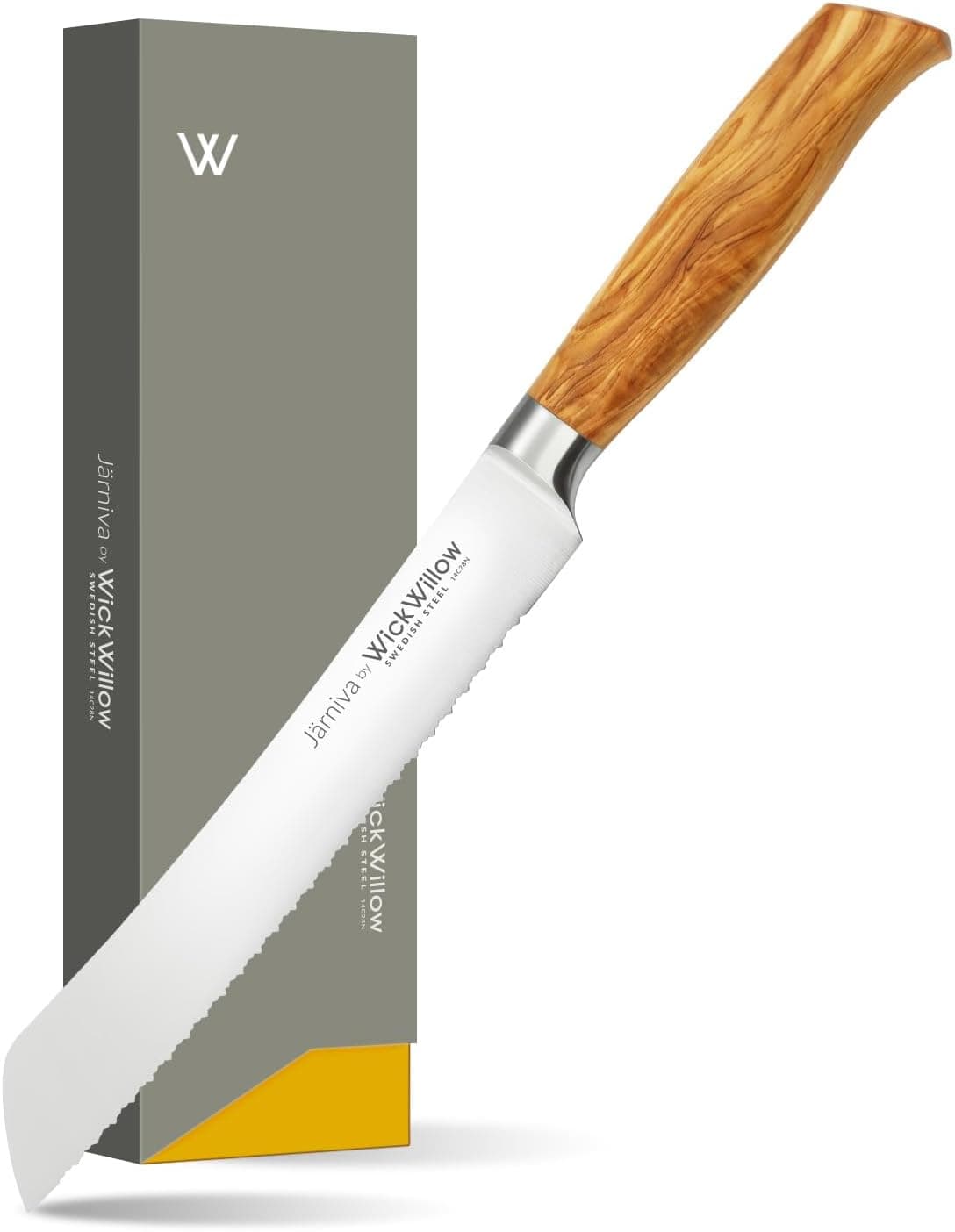 WICKWILLOW 8 Inch Bread Knife, Swedish Steel 14C28N with Italian Olive Wood Handle, Double Serrated, Jarniva Series