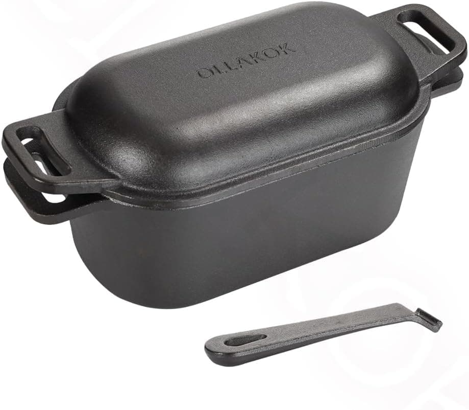 OLLAKOK 2-in-1 Pre-Seasoned Cast Iron Dutch Oven Pot with Lid as Skillet, Grill Pan, with Lid Lever, Dual Loop Handles, Oval Heavy Dutch Oven for Bread Baking, 3.8 QT Black