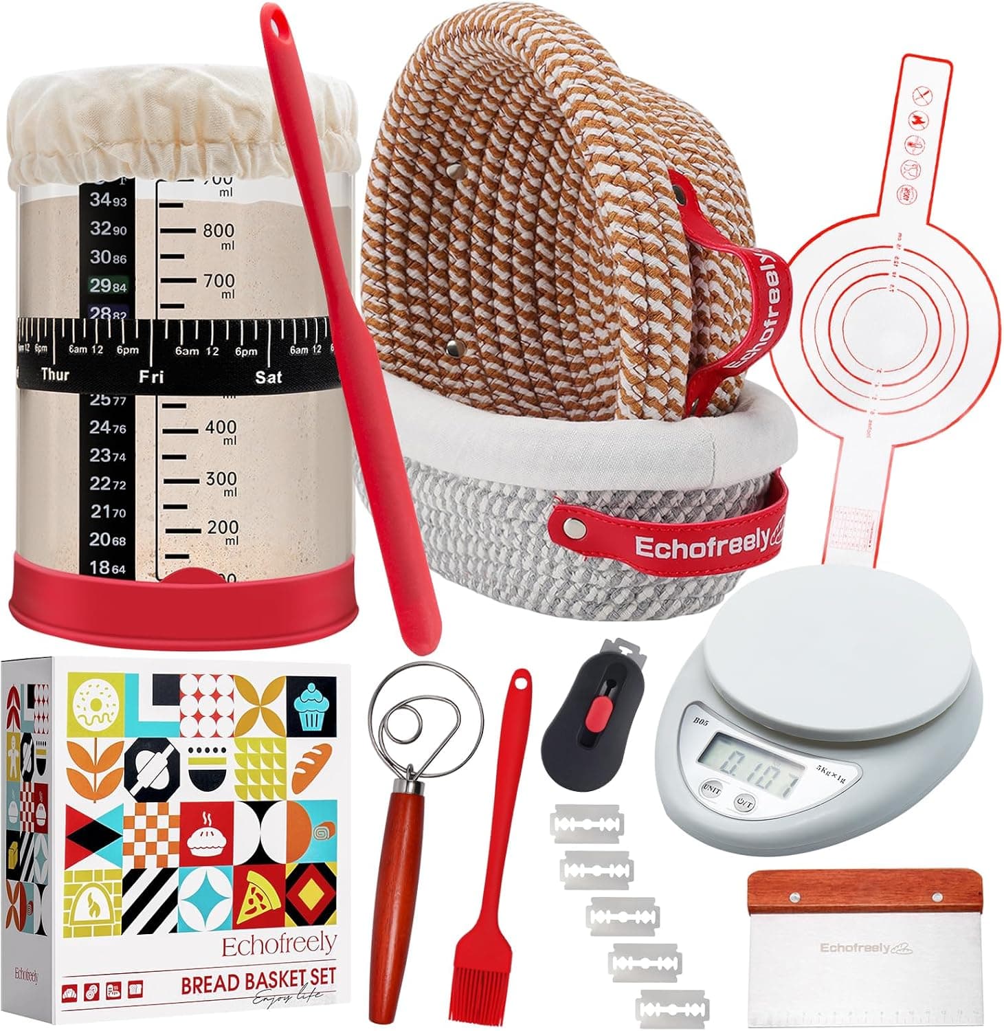 Complete Sourdough Starter Kit with 34oz Glass Jar, Digital Scale, 2 Banneton Baskets and Essential Tools, All-in-One Sourdough Bread Baking Supplies