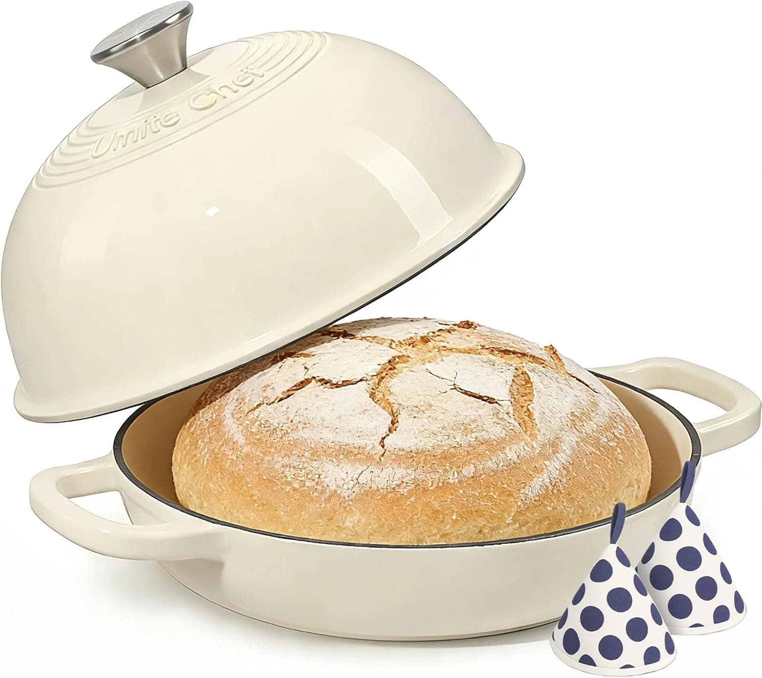 Enameled Round Cast Iron Bread Oven, 6 Qt Cast Iron Dutch Oven for Homemade Sourdough Bread Baking, Bread Pot with Dome Lid and Cotton Potholders, Cream White