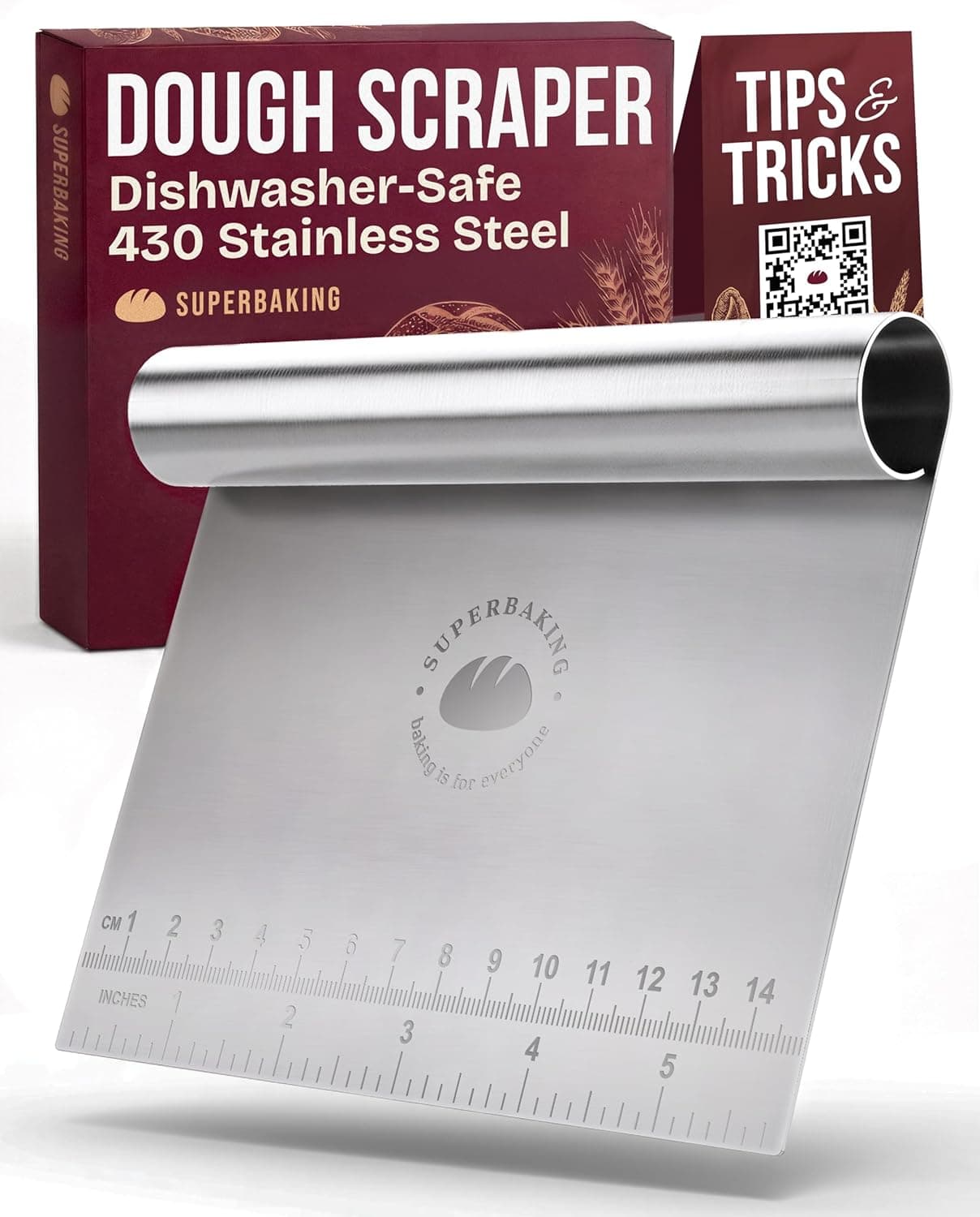 Superbaking Dough Scraper, 6" Wooden Bench Scraper, Dough Cutter with Ruler