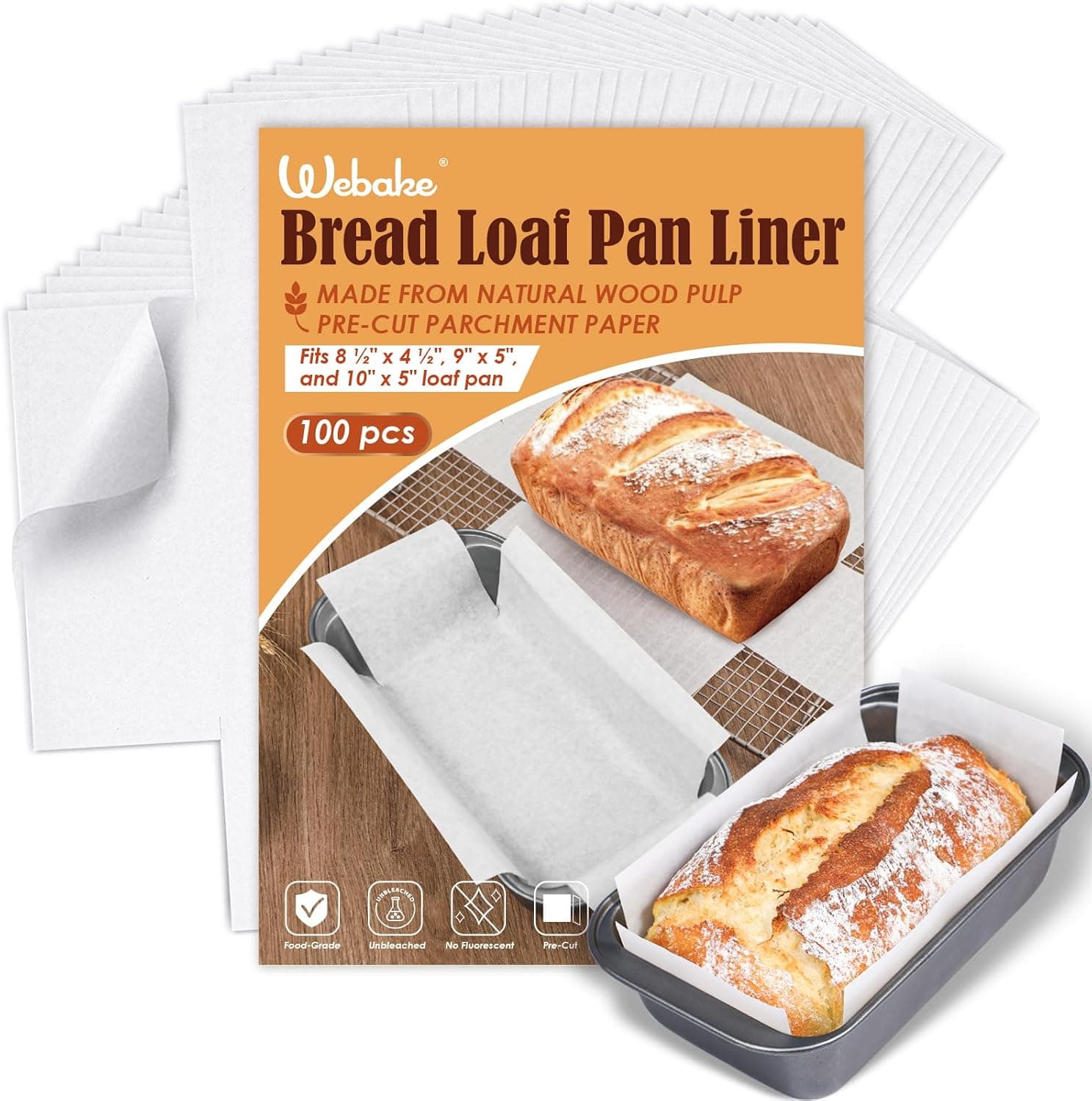 Webake Unbleached Parchment Paper Loaf Pan Liners 9x5, Non Toxic 100Pcs