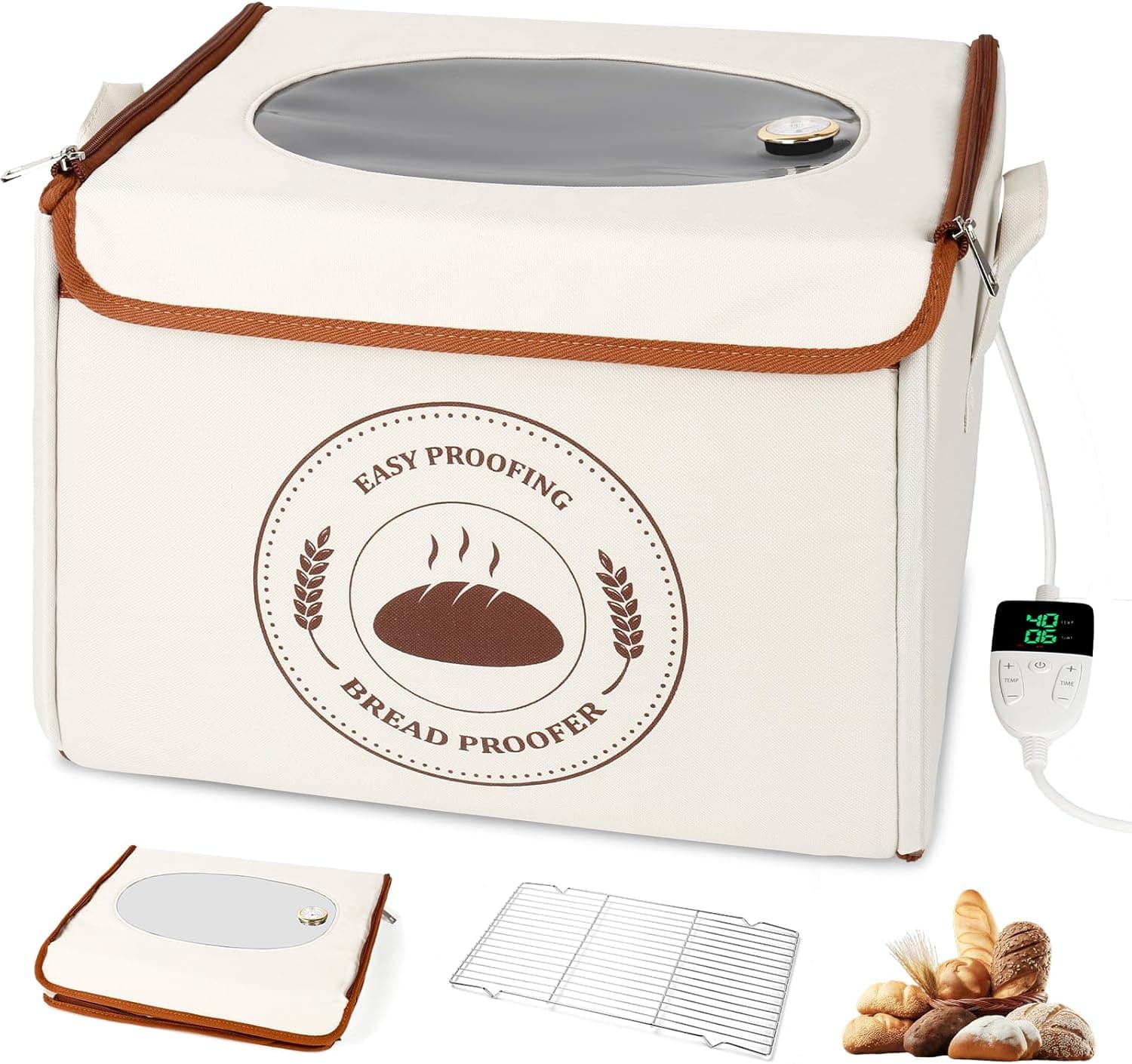 Bread Proofing Box with Temperature Control and Timer, Foldable Dough Proofer for Fermentation, Folding Sourdough Proofing Box (Beige)