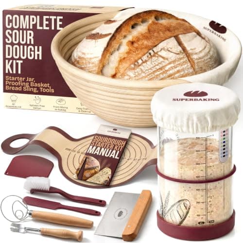 Superbaking Sourdough Starter Kit: 9" Banneton Basket, Silicone Sling & Jar