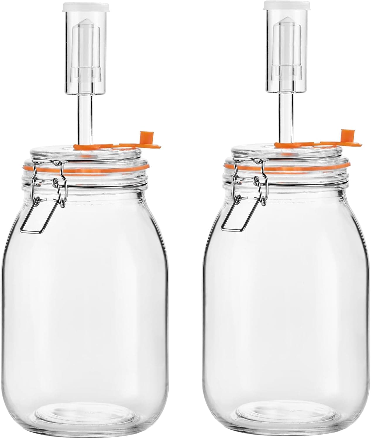 Glolaurge 1.8L Wide Mouth Fermentation Jars with Airlocks, 2-Pack, Glass Jars with Self-Burping Airlocks