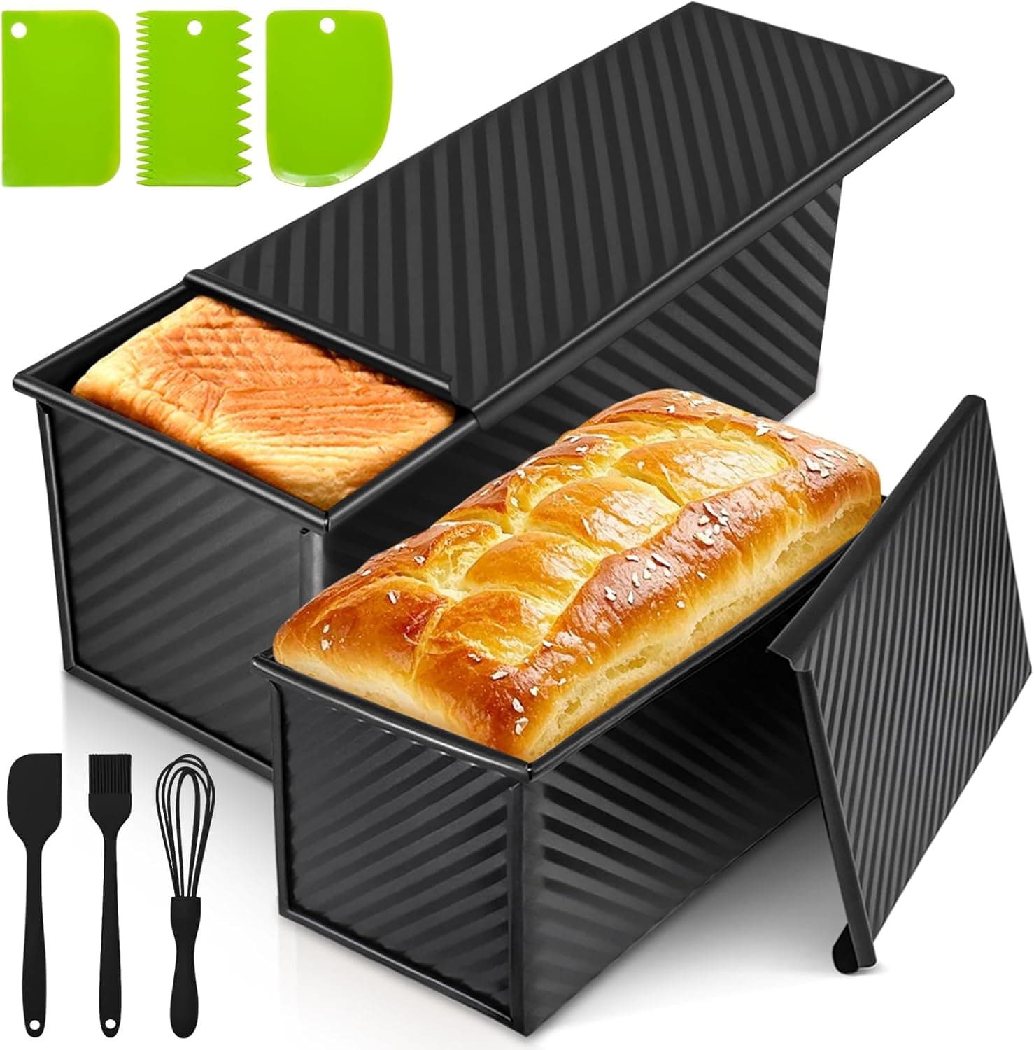 YIWSKJ Pullman Loaf Pan Set with Lids, 2 Pack Nonstick Bread Pans for Baking, 2.2lb and 1lb Dough Capacity, Carbon Steel Sandwich Toast Mold for Shokupan, Pain de Mie and Sourdough with Baking Tools