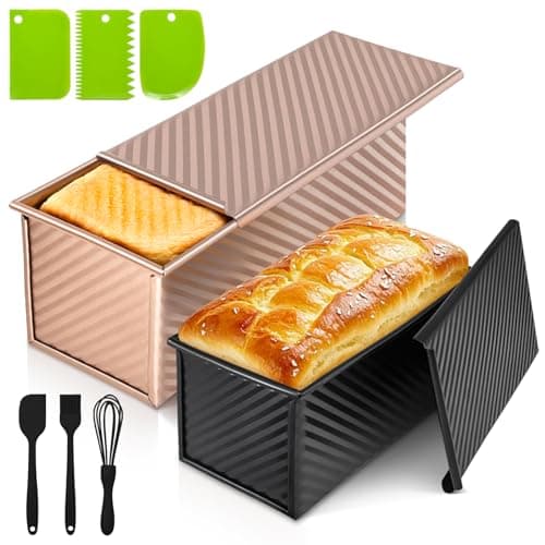 YIWSKJ Pullman Loaf Pan Set with Lids - 2 Pack Nonstick Bread Pans for Baking, 2.2lb & 1lb Dough Capacity, Carbon Steel Sandwich Toast Mold for Shokupan, Pain de Mie & Sourdough with Baking Tools