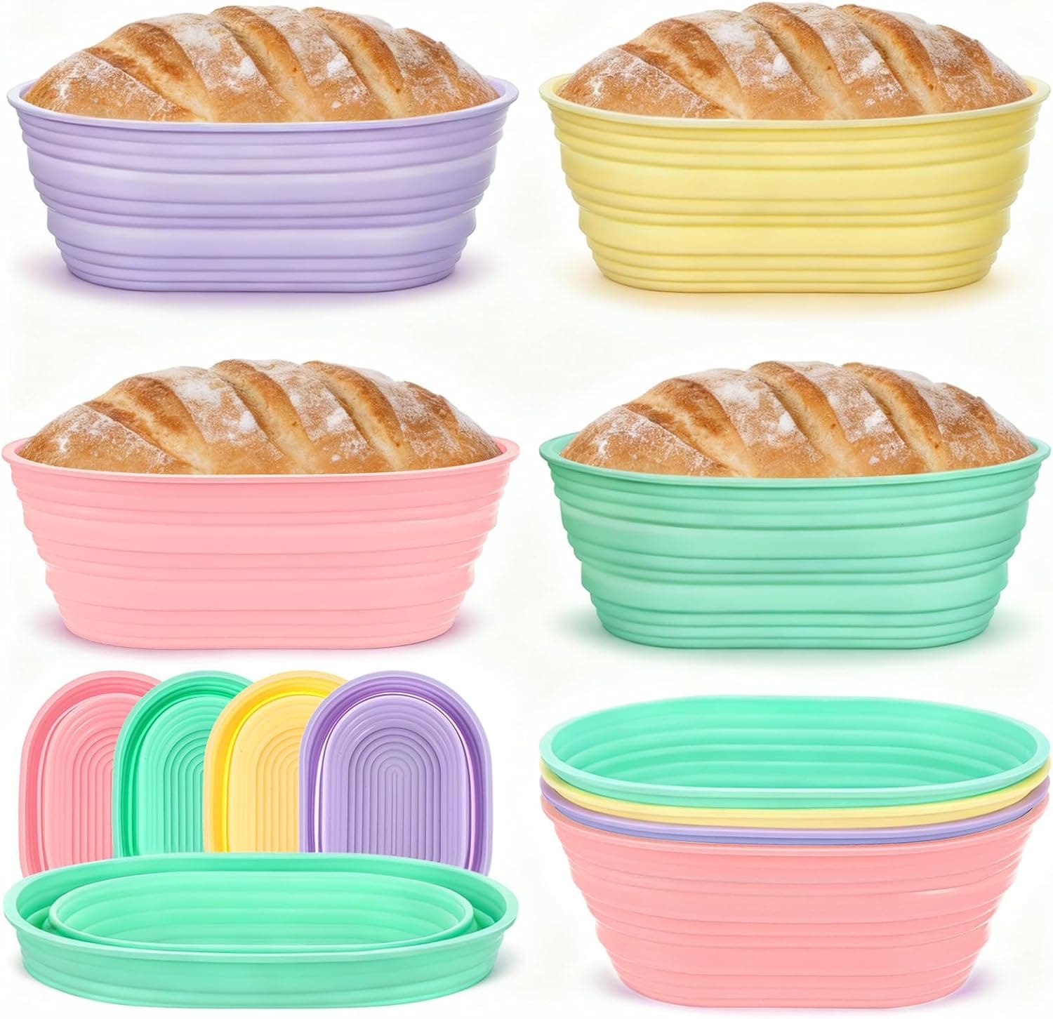4 Pcs Silicone Bread Proofing Baskets, 10 Inch Oval Foldable Banneton Basket, Dough Proofing Bowls with Non-Stick Surface