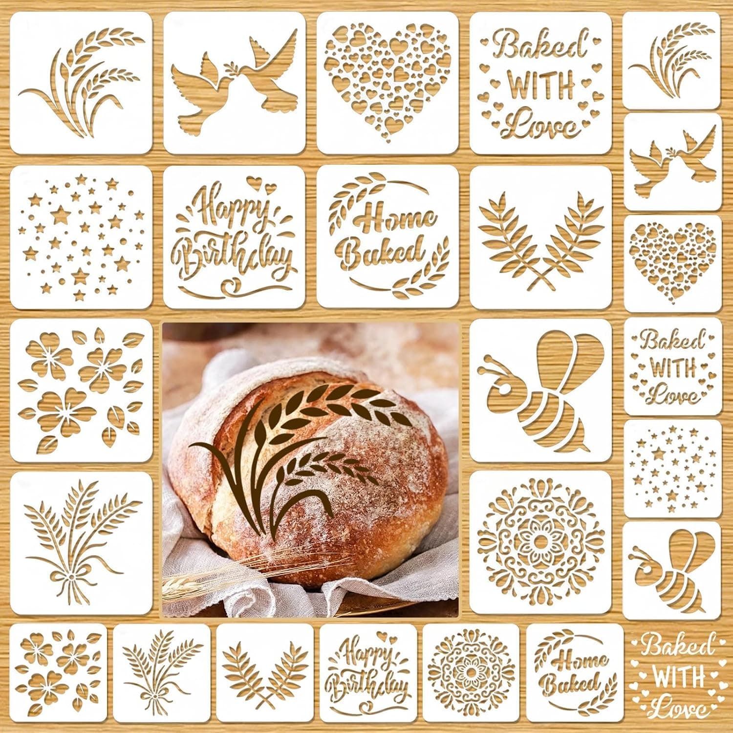 24PCS Artisan Bread Stencils for Sourdough Bread Stencils Baking Mold Set, Cakes, Cookies and Pie Baking Tools for Decorating, 12 Style (5.9 x 5.9 Inch, 3.9 x 3.9 Inch)