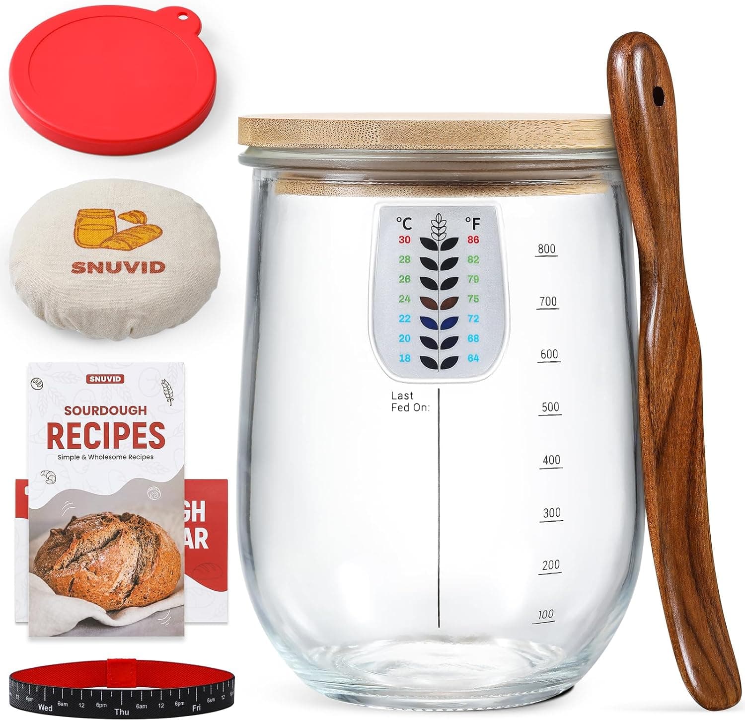 Snuvid 1 L (34 oz) Sourdough Starter Jar Kit, Wide Mouth Potbelly Crock, Glass Sour Dough Starter Bread Jar Set