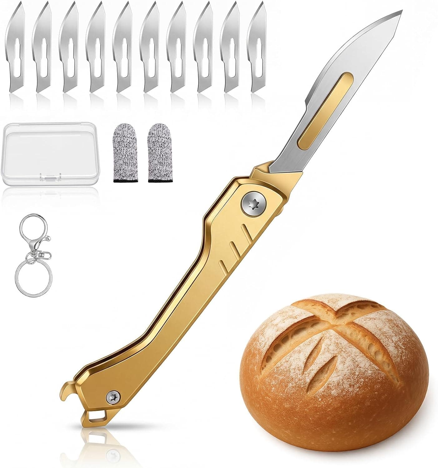 Bread Lame Sourdough Scoring Tool with 10 Razor Blades Folding and Extractable Bread Scorer Knife with Keychain