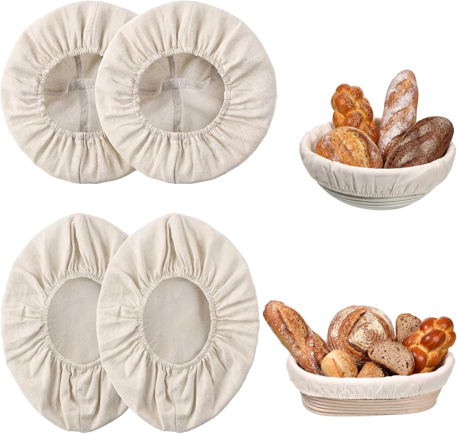 Banneton Liner, 4 Pcs 10 Inch Cloth Bowl Covers for Bread Proofing, Reusable Natural Rattan Proofing Cloth, 2 Round and 2 Oval