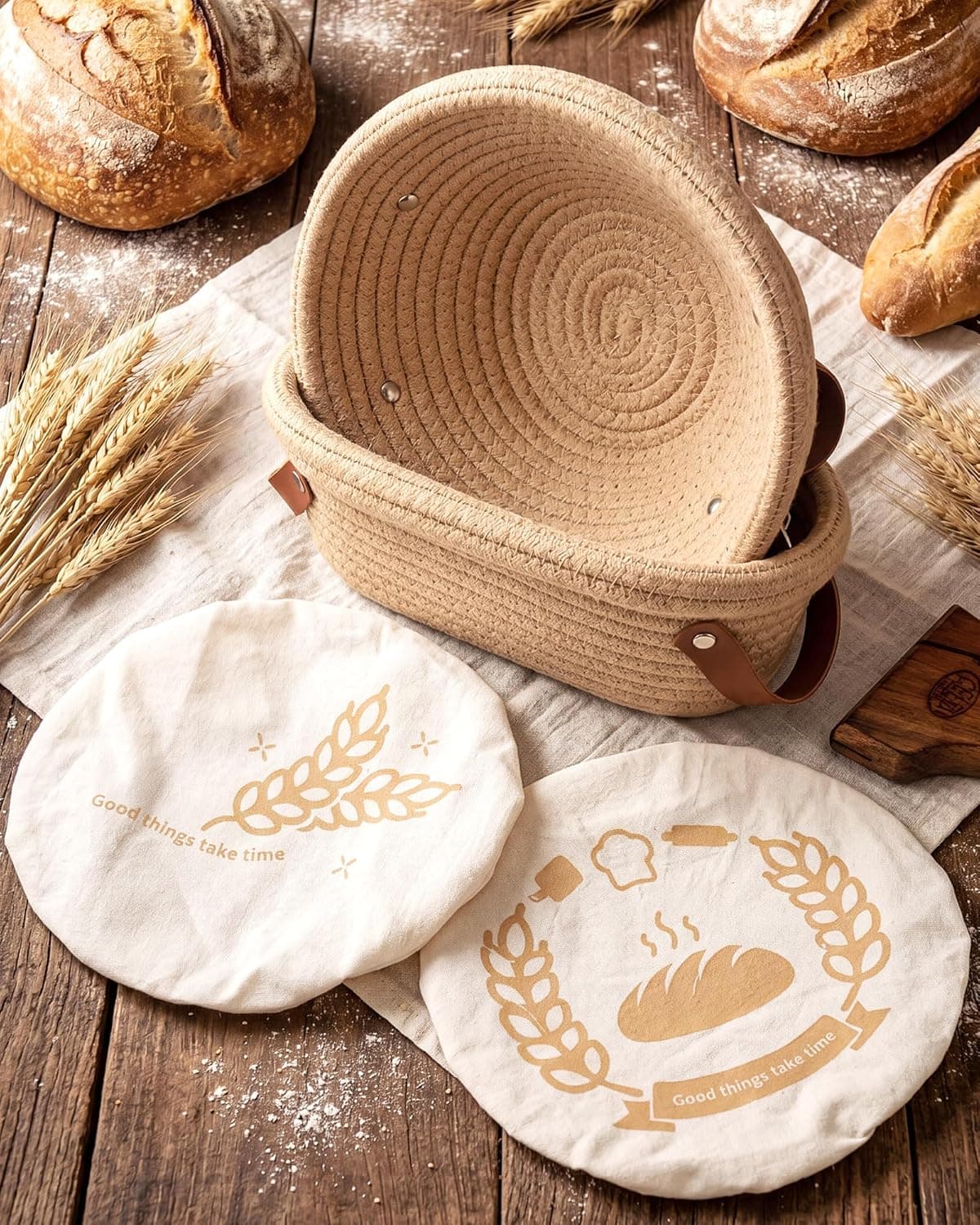 Banneton Bread Proofing Basket Set, 9 Inch Round and 10 Inch Oval Cotton Rope Proofing Basket with Liners and Covers for Boule and Batard