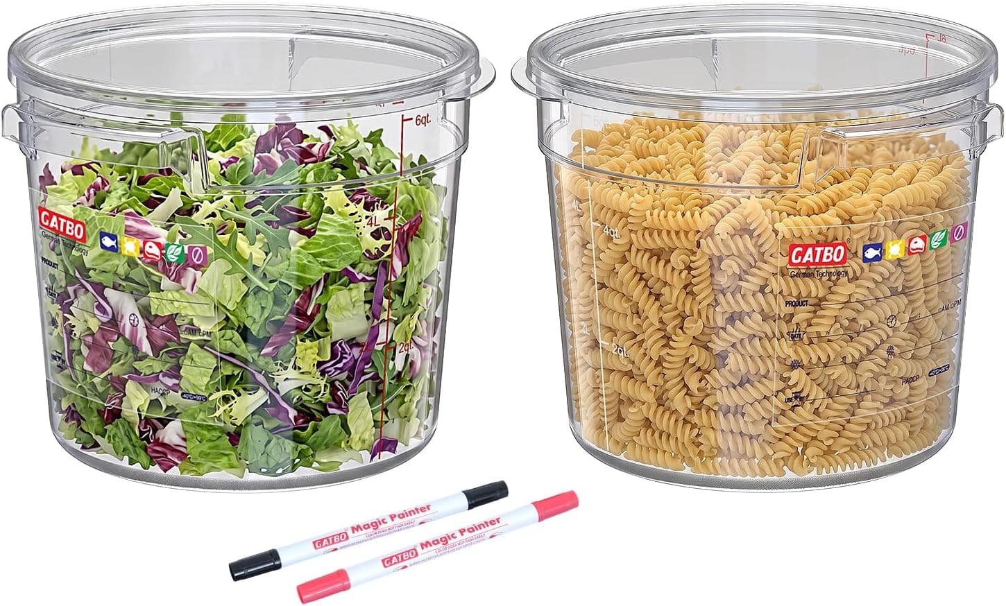 GATBO 2-Pack 6QT Clear Round Food Storage Containers with Lids, Commercial Dough Proofing Buckets with FIFO Label & Graduations