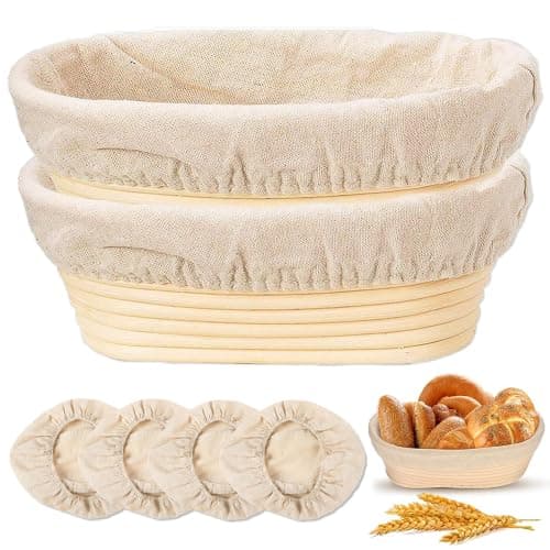 Banneton Bread Proofing Basket Set of 2, 10 Inch Oval, Natural Rattan with 4 Linen Liners, for Sourdough Bread Baking