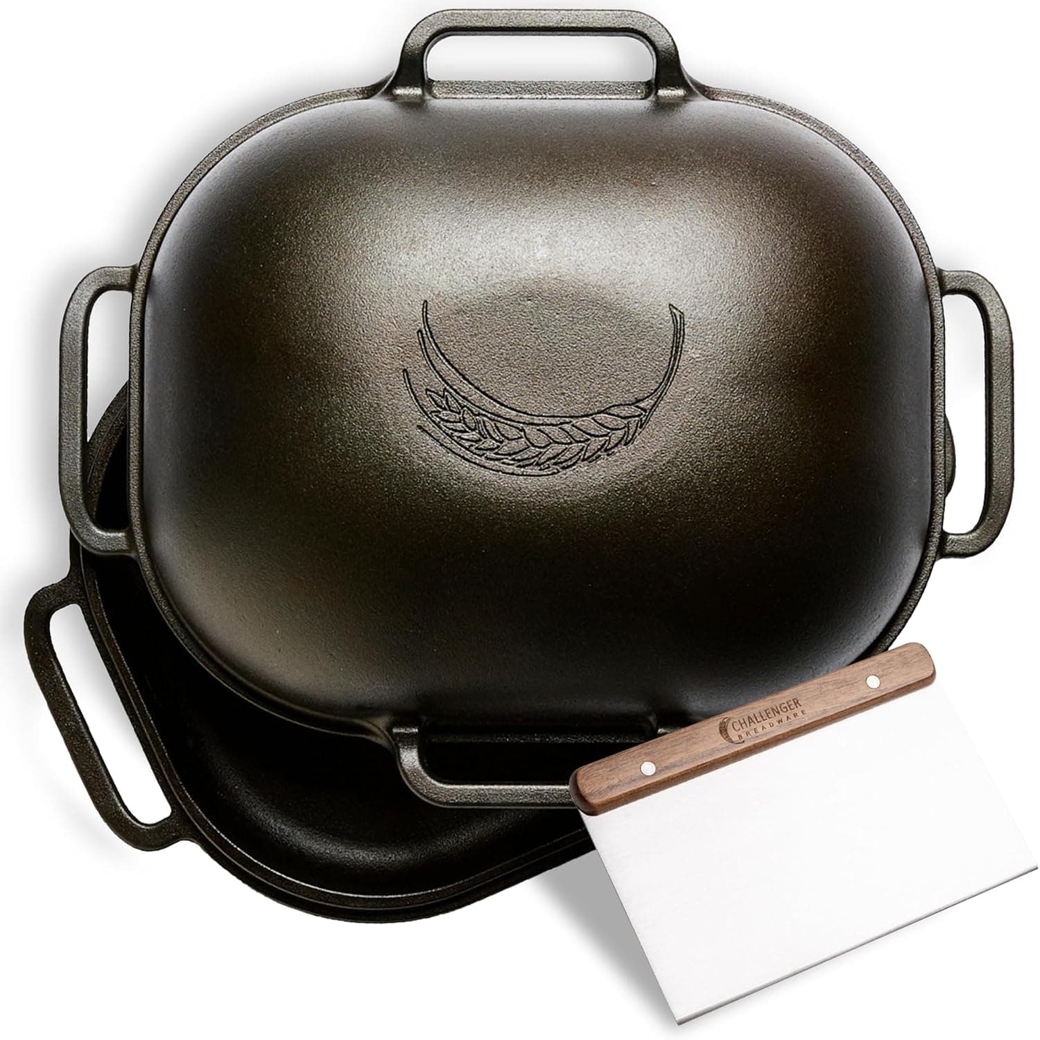 Challenger Bread Pan and Walnut Bench Knife Bundle, Cast Iron Loaf Pan with Lid