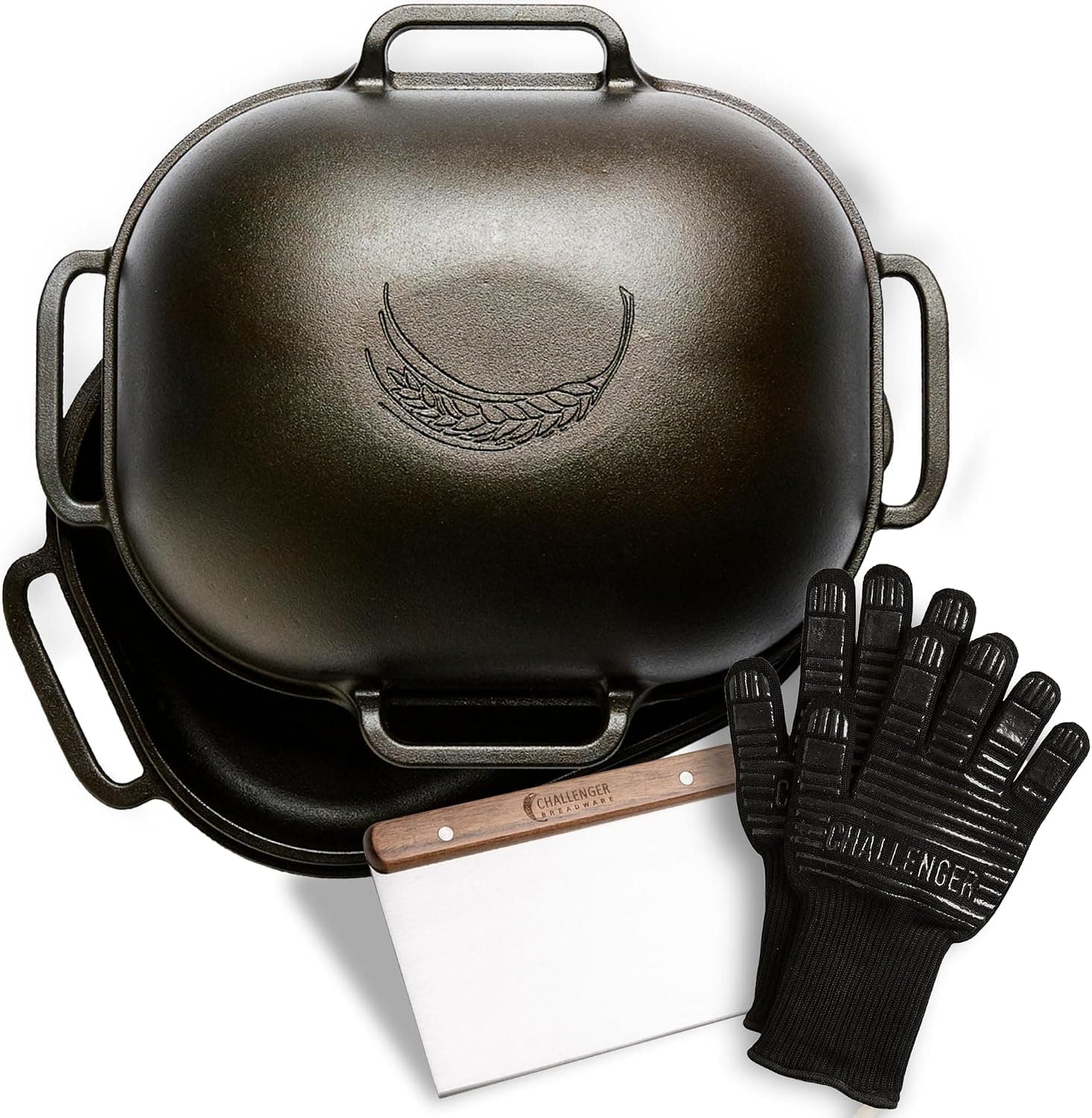 Challenger Bread Pan, Oven Gloves, and Walnut Bench Knife Bundle