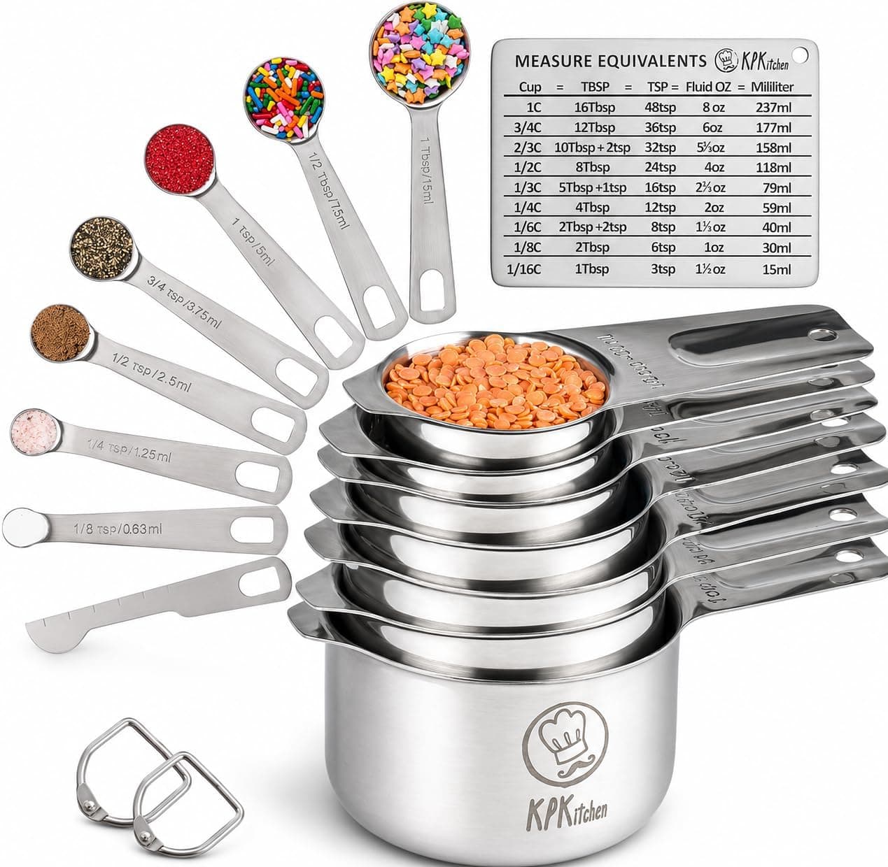 Stainless Steel Measuring Cups and Spoons Set of 16 with Conversion Chart and Leveler