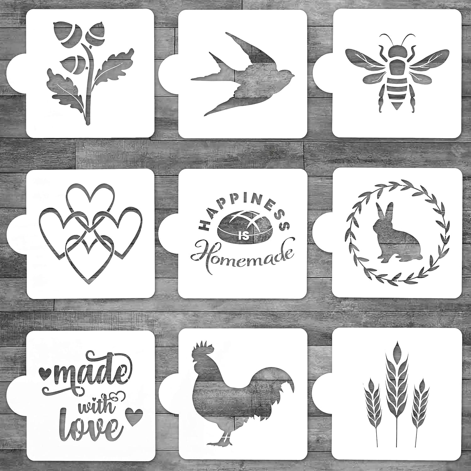 Thick Artisan Bread Stencils - Baking Stencils for Sourdough Bread and Cakes - Bee Stencil Rooster Stencil - 9 Designs - Premium Large Size - 5.25 x 5.25 in