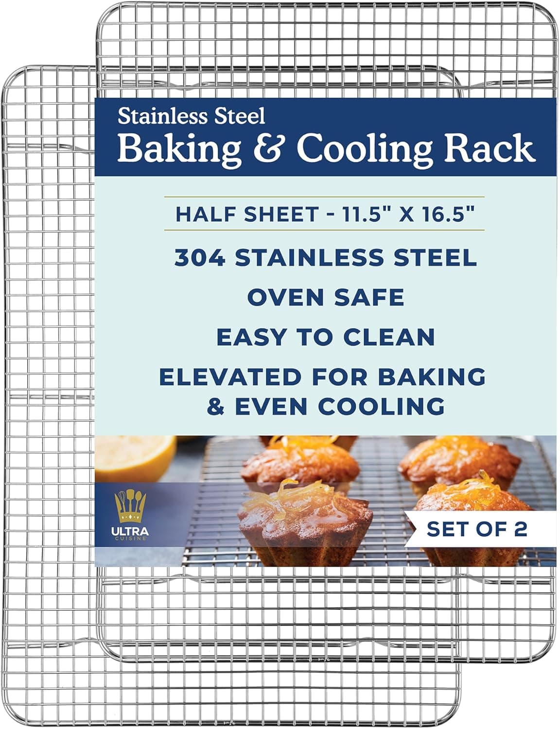 Ultra Cuisine 100% Stainless Steel Cooling and Baking Rack Set, Heavy Duty Tight-Wire, 11.5 x 16.5 inch, Set of 2