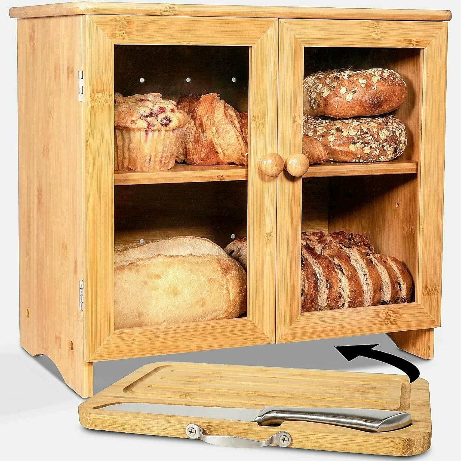 LuvURkitchen Large Wooden Bread Box For Kitchen Countertop with Bamboo Cutting Board and Stainless Steel Bread Knife