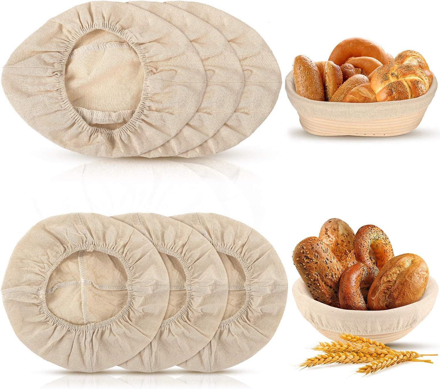Tatuo 6 Pieces 10 Inch Bread Banneton Proofing Basket Cloth Liner Set, Round and Oval Brotform Protective Liner for Natural Rattan Bannetons